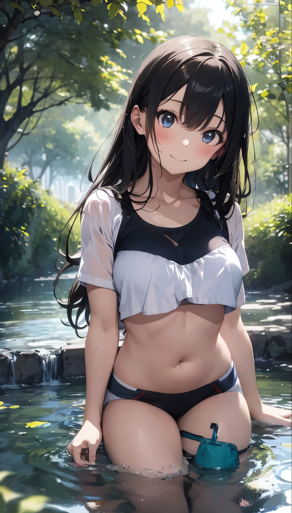 1 female,Black Hair,(()),(((Shiny blue shorts)))((Sexy black micro bikini))(((blush、Laughing with your mouth open)),(((Yuki Mikan))),(((Portraiture))),crowd,(((White See-Through Tank Top)))(Girl&#39;s body type)(((Small breasts)))Sexy pose