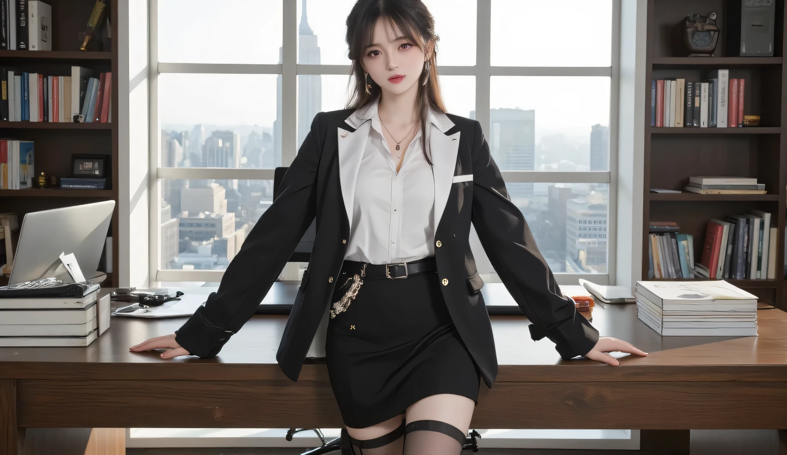 A captivating woman standing confidently in a modern and elegant workspace. The room is well-lit, with a large wooden desk, bookshelves filled with neatly arranged books, and a sleek laptop on the desk. Behind her, a large window reveals the city skyline, adding an air of professionalism.
She wears a stylish outfit in a combination of black and white, featuring a fitted black blazer with white accents and a white inner blouse. Her skirt is black, paired with thigh-high stockings and polished black heels, exuding both authority and sophistication. Her confident pose and piercing red eyes make her presence commanding and unforgettable.
The workspace is minimalist yet chic, emphasizing a professional and high-class aesthetic. Her expression is calm and focused, complementing the overall professional tone of the scene.