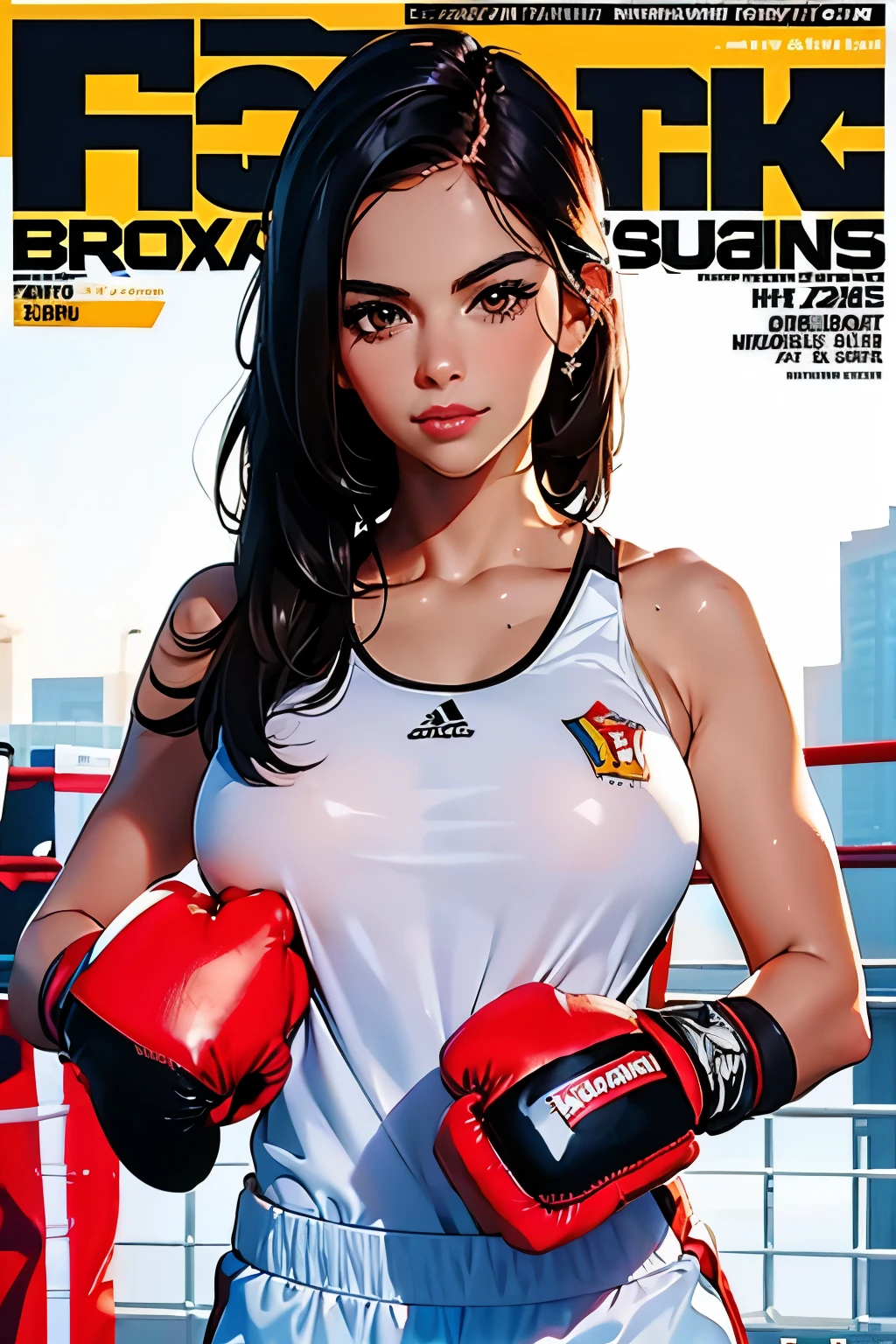 Full-length sports magazine cover photo . Beautiful woman . 28 years old . Romanian . Height 173 centimeters . chest size 4 . black hair . brown eyes . Wearing a training uniform . is training. He is engaged in boxing . she smiles .