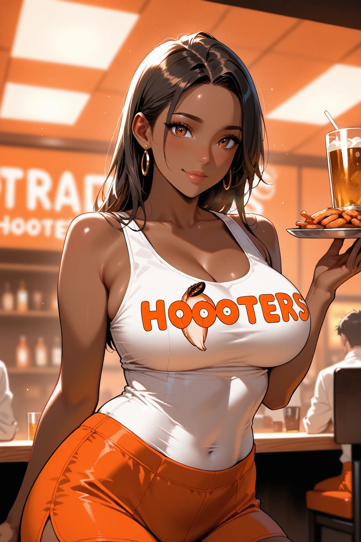 (masterpiece), best quality, expressive eyes, perfect face, front lighting, (inside sports bar restaurant background), (standing), (happy face), (cleavage view), (1girl, milf, Isabela Merced, latina, dark skin, tan skin, tanned skin, tanned, tan, black hair, wavy hairstyle, brown eyes, hourglass figure, thin body, skinny body, petite_body, medium breasts, wide hips, thick thighs), (hooters uniform, hooters, white tanktop, orange shorts, jewelry, necklace, bracelets, earrings),
