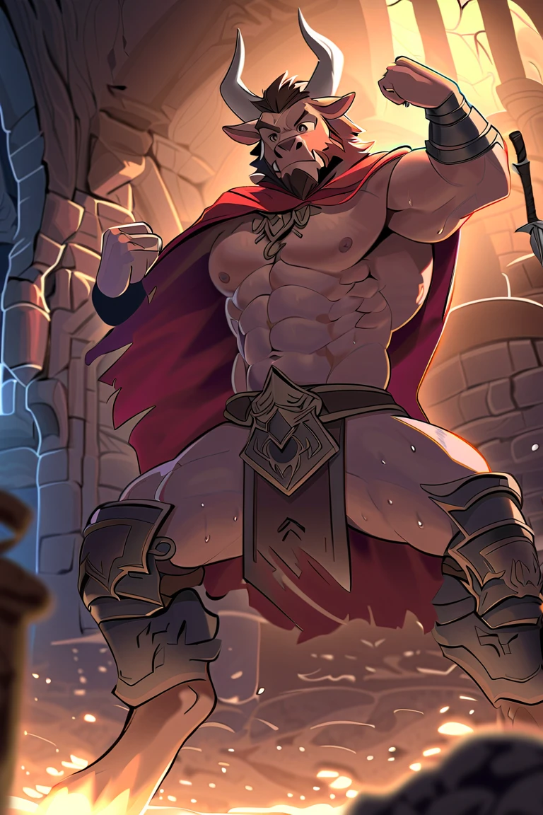 silver wolf、abnormally large muscles、very developed abs、crying wolf、Expression of pain、lots of tears、Shining silver fur、wolf face and body、handcuffs、Hands in chains、arms raised above head、Raise your arms straight、silver mane、Belly so hairy that you can&#39;t see the skin、large amount of pubic hair、Hair around the navel、An overflowing amount of armpit hair、sharp fangs、huge bulge in the crotch、Crotch about to burst、Composition looking up from below、soaking wet body、Outline of an abnormally large male genitalia、Dark ruins background、sideways face、ethnic loincloth、restrained pose、sitting pose