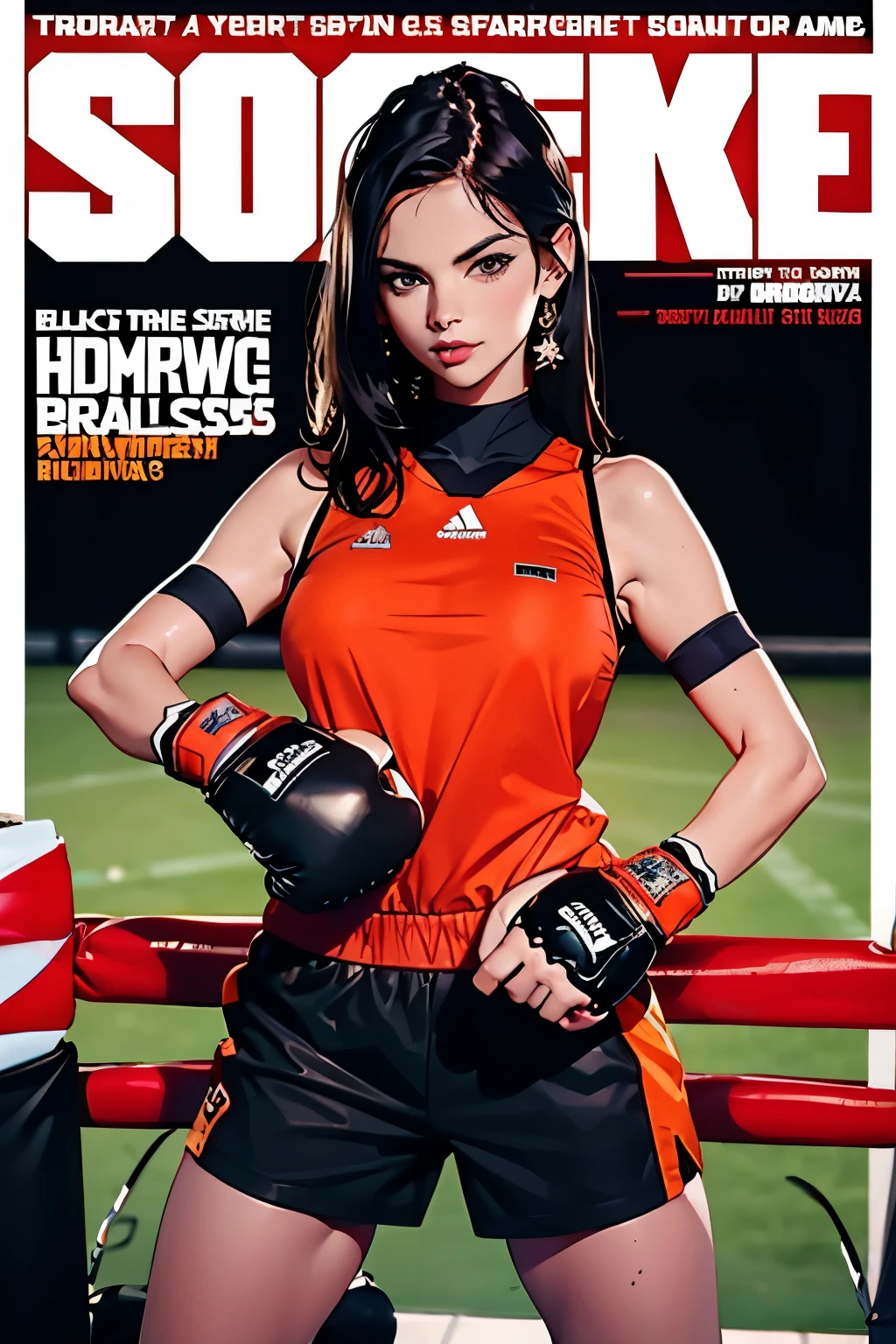 Full-length sports magazine cover photo . Beautiful woman . 28 years old . Romanian . Height 173 centimeters . chest size 4 . black hair . brown eyes . Wearing a training uniform . is training. He is engaged in boxing . she smiles .