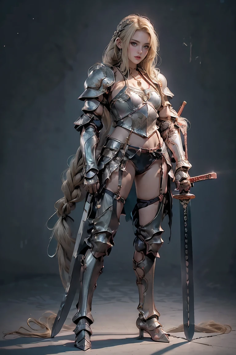 Blonde adult woman with short ponytail,cleavage,Black sci-fi armor,Scapula,long skirt,Thin legs,iron boots,sword,whole body,maze