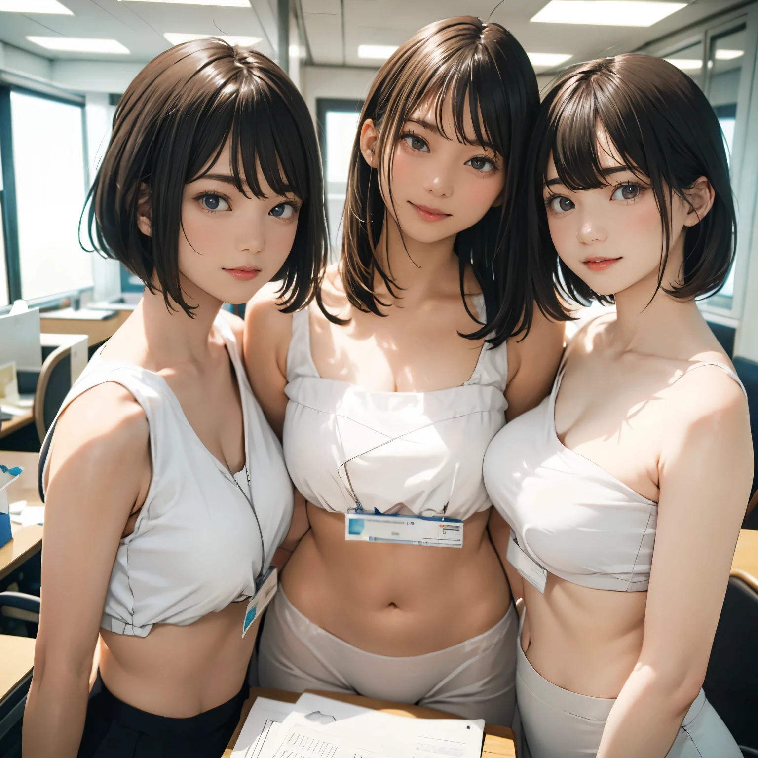 (masterpiece:1.2, Best Quality),,Anatomically perfect、 simple background、20yo、nude,nipples、shortcut hair,pussy,nude,public hair, employee ID at large corporate offices、 Cha,3 girls、Alignment