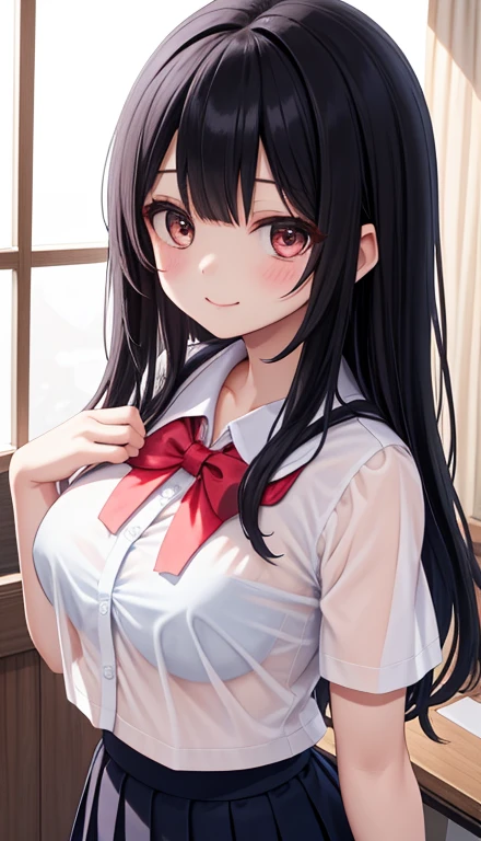 A woman with big ，Black long hair，twintails，Exquisite，Red ribbon，sleeveless，Loose collar，Light lace，Slim waist，blush，bedroom，A cute daughter，