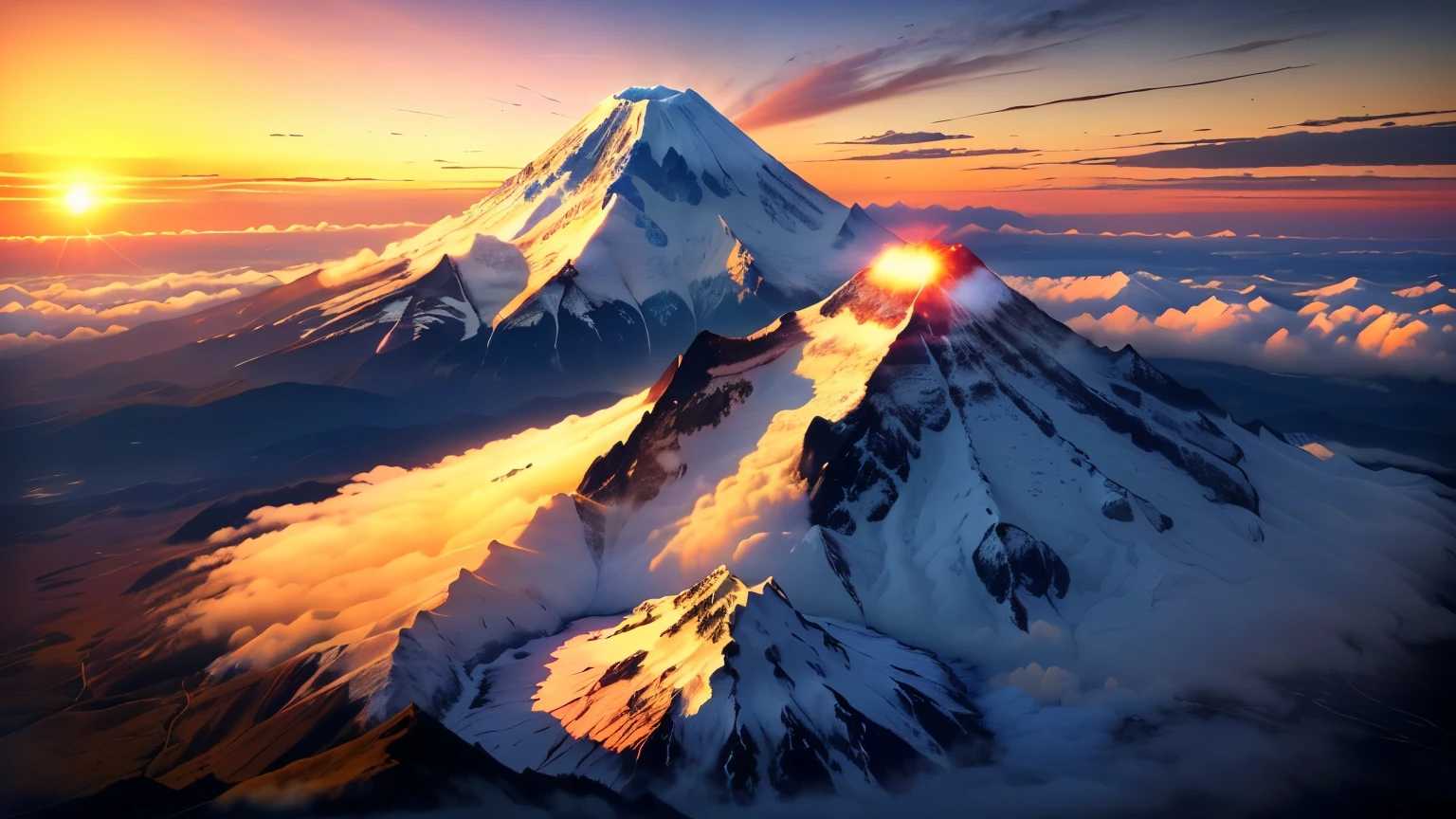 Mountain air setting against the sunset , at snowy Fuji Mountain sunrise , Mount Doom, mount Fuji, m . Fuji, volcano setting, the sun rises between the two mountains, Fuji choko, Mountain sunrise , mount Fuji background, Japanese Mountains, mount Fuji in the background, volcano, mount Fuji on the background, volcano landscape, active volcano