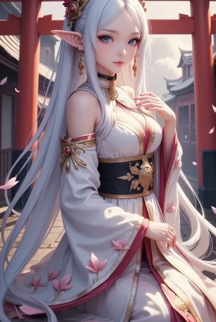 masterpiece, best quality, 1 girl, yellow eyes, Long hair, white hair, meeting, red kimono, big , topless, slight smile, Arms behind the back, Natur, Hair decoration, animal ears, Bridge, Brustwarzen,