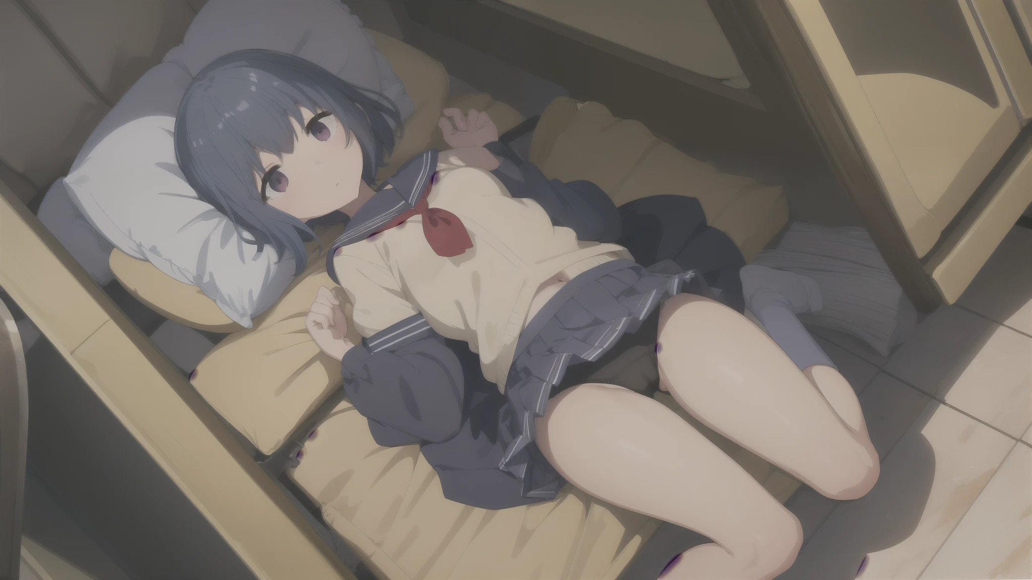 Anime girl laying on a bed with a pillow and a remote control - SeaArt AI