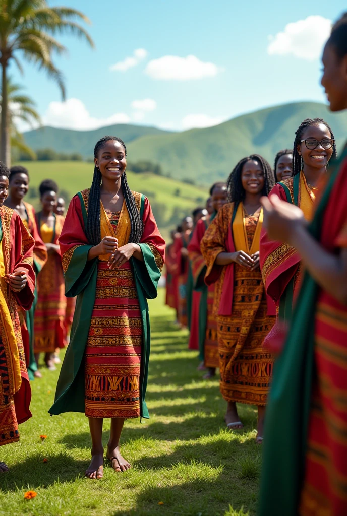 Ultra-realistic medium photograph of a group of Africans celebrating. At the foreground there are two leaders shaking hands. They are all unique individuals with unique faces and different traditional attire . The use of bright colors and captivating light effects will create an atmosphere of warmth, unity and peace. Perfect natural lighting, perfect reflections, perfect textures, rule of thirds composition, epic color gradients, high contrast, perfect shadows