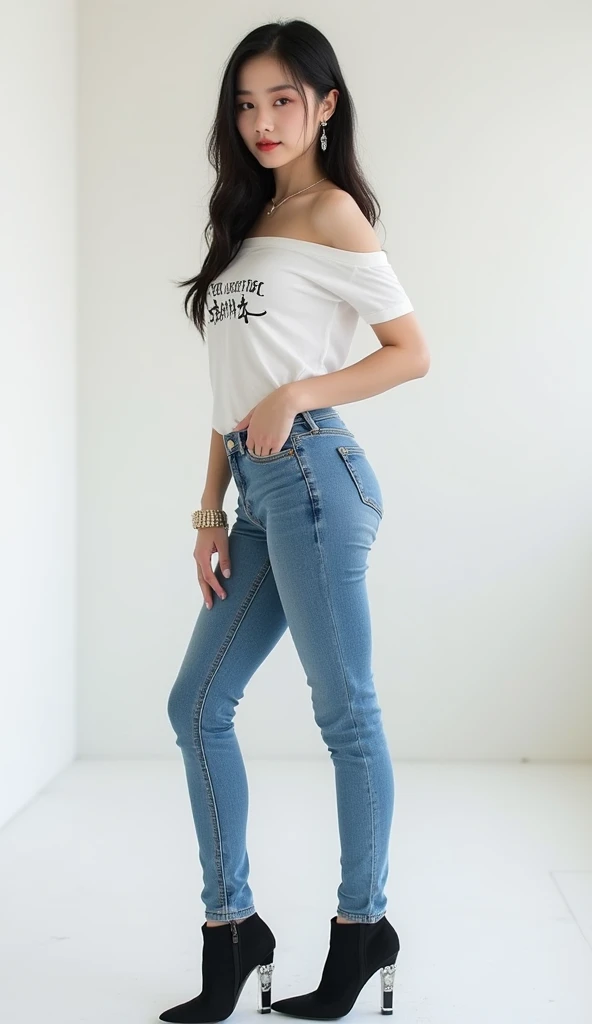 a woman in a white top and jeans holding a purse, skinny waist and thick hips, wearing tight simple clothes, wearing a cute top, white top, casual clothing, short jeans, thin waist, tight shirt, thin-waist, casual clothing style, jeans and t shirt, wearing tight shirt, waist - shot, ( ( ( wearing jeans ) ) )
