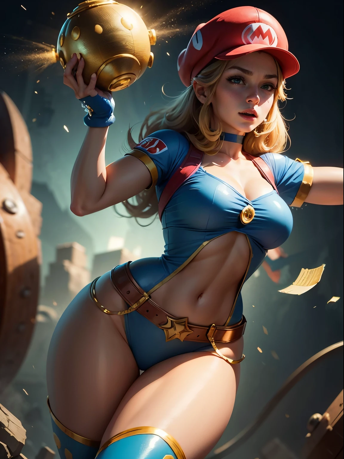 a woman with super Mario hat, wearing a super Mario costume, cute pose, detailed face, detailed body, detailed outfit (reality: 1.4), (A hyper-realistic), (high resolution), (8K), (highly detailed), ( Best Illustration), (detailed eyes), (ultra-detailliert), Bright lighting, Professional Lighting, scary face.