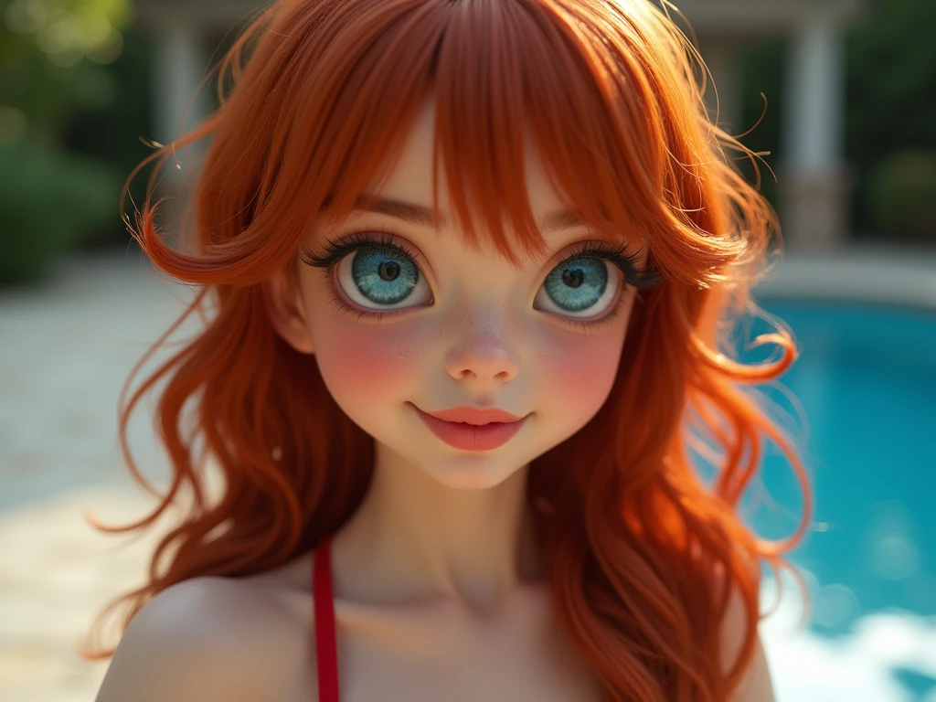 realistic, young girl, child, red hair, freckles, bikini