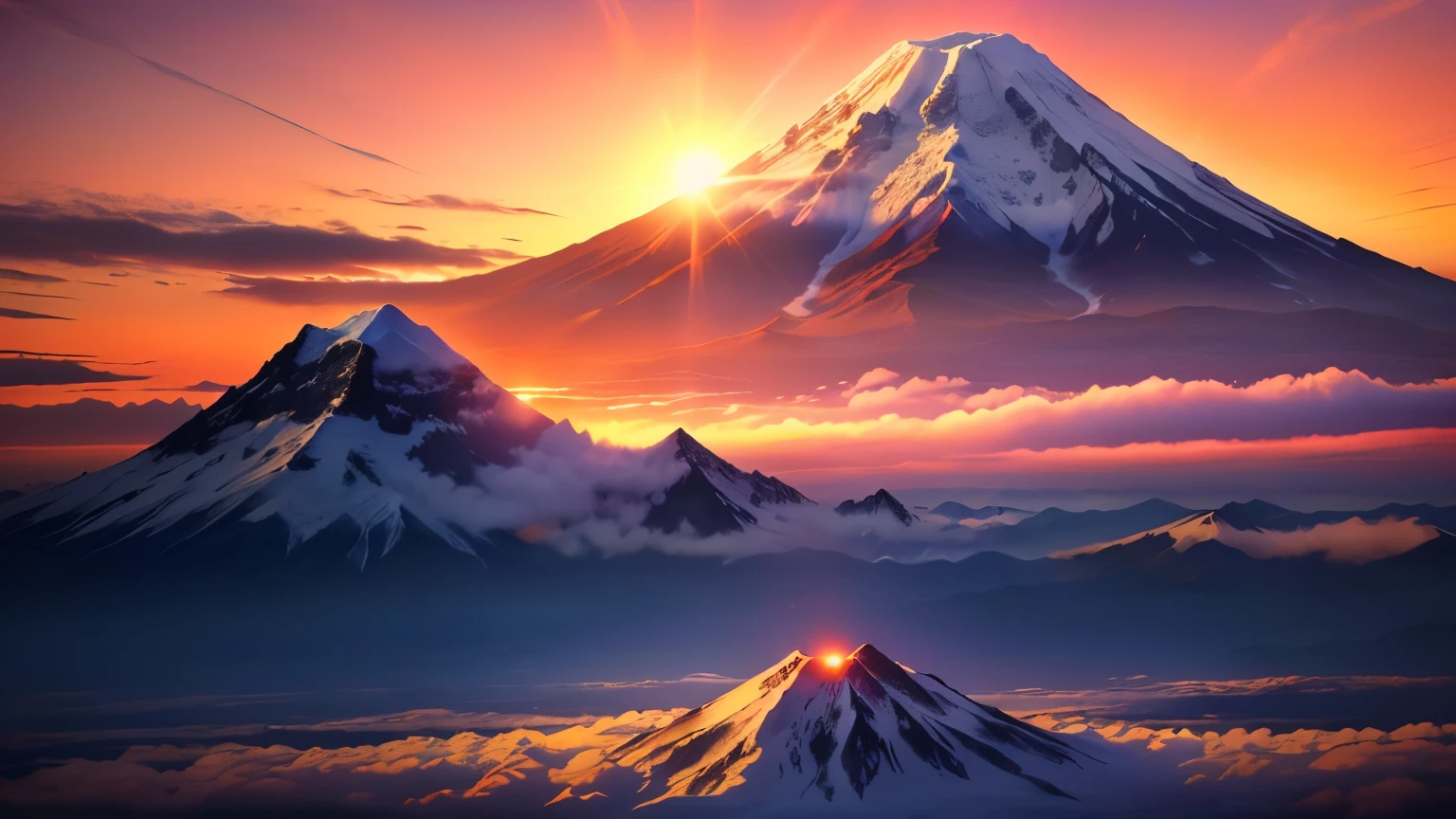 Mountain air setting against the sunset , at snowy Fuji Mountain sunrise , Mount Doom, mount Fuji, m . Fuji, volcano setting, the sun rises between the two mountains, Fuji choko, Mountain sunrise , mount Fuji background, Japanese Mountains, mount Fuji in the background, volcano, mount Fuji on the background, volcano landscape, active volcano