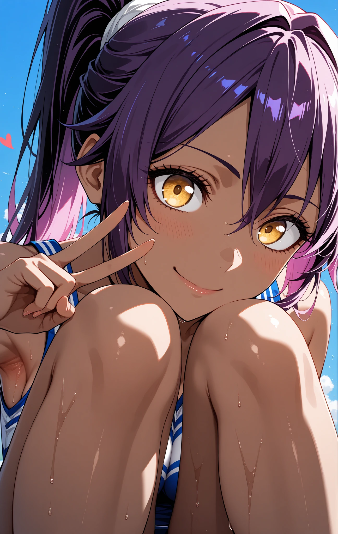 ((32k)), ((best quality)), ((ultra high res)), ((HDR)), ((UHD)), ((extremely detailed CG)), ((unity 32k wallpaper)), 16 years old,nsfw,blowjob,covered in semen,one woman,fuchsia swimwear,wariza,dark skin,wet body,wet hair,cute face,smiling,long hair,fuchsia hair,fuchsia eyes,from above,beach,illustration style,anime style,high quality,
