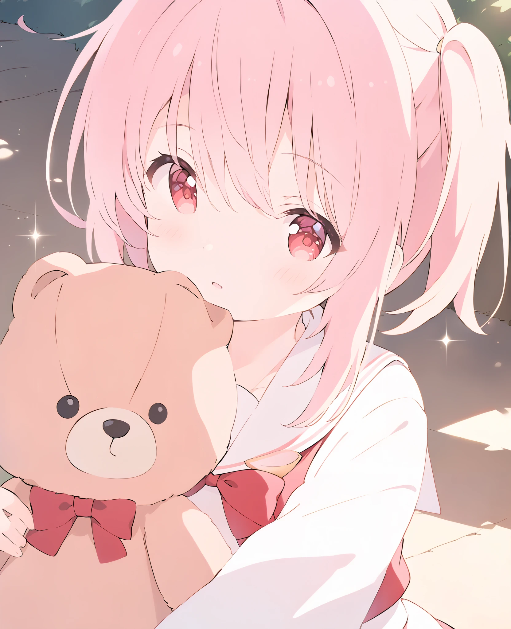 **Hinata Hoshino**
Age: 19 years old | Height/Weight: 170 cm / 50 kg
**Appearance:** Hinata Hoshino is a beautiful anime-style girl with fair, soft pink-tinted skin that looks as delicate as a porcelain doll. Her large, round crimson-red eyes sparkle with innocence and charm, exuding a magnetic allure. Her silky white soft pink hair is styled in a Hinata-inspired one-side-up hairstyle, with soft bangs framing her angelic face. She often wears a white sailor collar outfit with a red bow and long sleeves, adding a sweet and youthful charm to her appearance. Her sweet, delicate face features a small, sharp nose, a gentle jawline, and naturally pink, thin lips that seem to always carry a shy smile. Her gaze feels like a plea for protection and affection, complemented by her soft and fragile presence.
In an adorable scene, Hinata is sitting on the ground hugging a teddy bear, radiating a heartwarming innocence. The visual captures her in a moe anime art style, with soft, delicate details emphasizing her petite, curvy figure and youthful energy. The setting is simple and serene, focusing on her endearing charm and the teddy bear as a symbol of her gentle and playful personality.