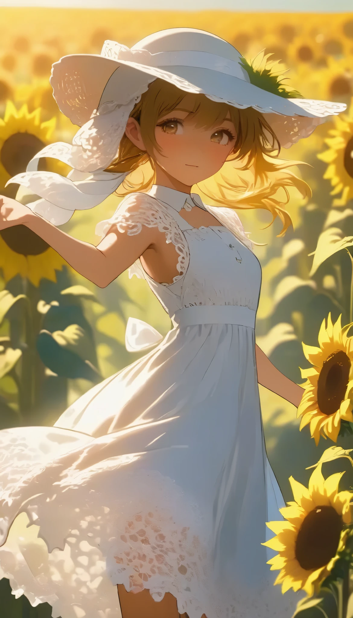 fuwa aika, 1 girl in the best,Alone, (White lace dress:1.2), Relaxed Dress (sun visor hat:1.2), Sunflower field,  in the sun , A faint smile, watch viewers, wind, dynamic, Strong light and shadow,dynamic pose,