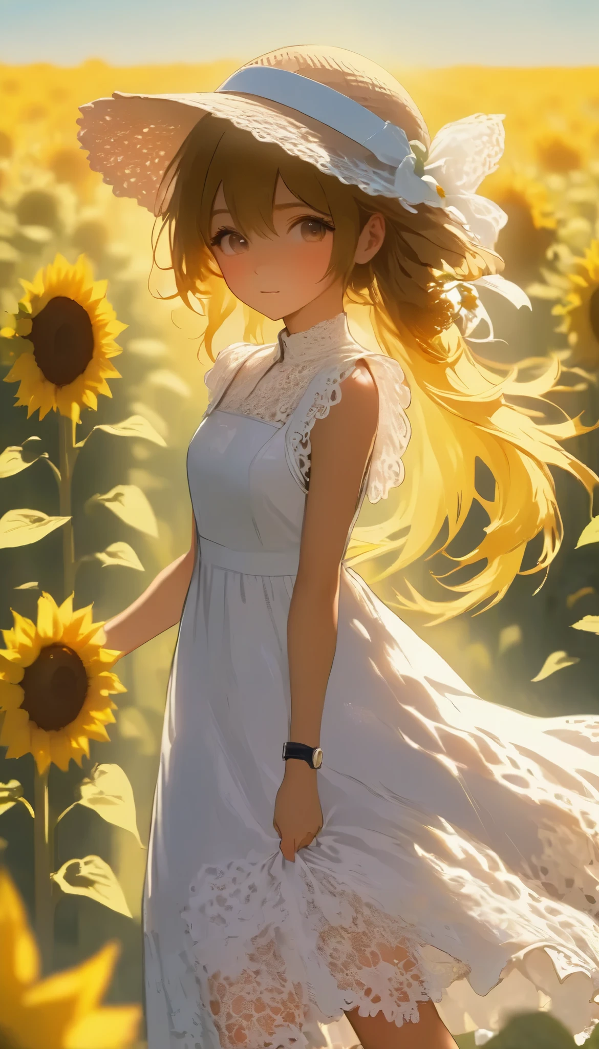 fuwa aika, 1 girl in the best,Alone, (White lace dress:1.2), Relaxed Dress (sun visor hat:1.2), Sunflower field, in the sun , A faint smile, watch viewers, wind, dynamic, Strong light and shadow,dynamic pose,