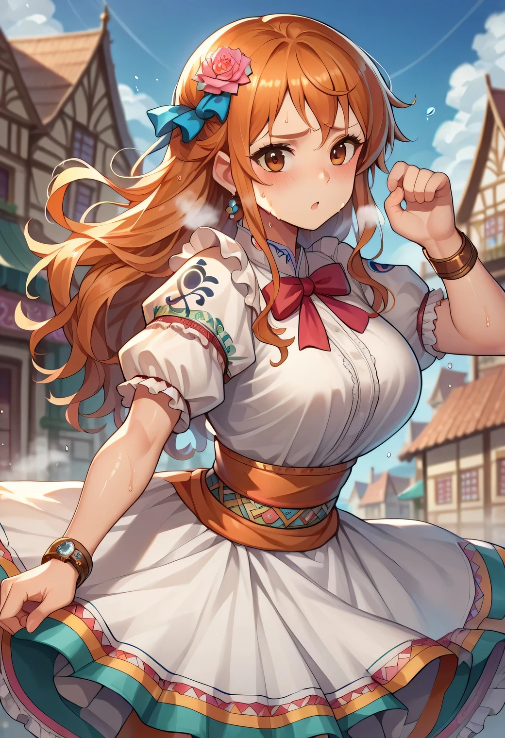 core_9, score_8_up, score_7_up, score_6_up, score_5_up, score_4_up, BREAK source_anime, (blush,steam,sweat:1.3),nami_post, orange hair, long hair, wavy hair, side locks, brown eyes, large breasts, shoulder tattoo, groin, bracelet, bangle, MexClothes ,hair ornament, flower, white dress, frills, traditional clothes, ribbon, puffy sleeves, multicolored clothes, colorful clothes, town, village, cute pose, shiny legs, clear skin, shiny skin