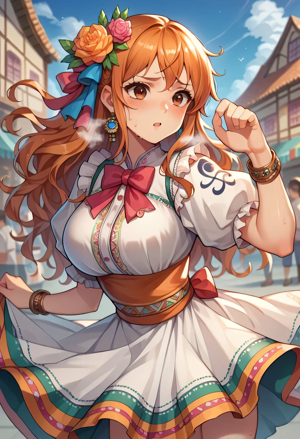 core_9, score_8_up, score_7_up, score_6_up, score_5_up, score_4_up, BREAK source_anime, (blush,steam,sweat:1.3),nami_post, orange hair, long hair, wavy hair, side locks, brown eyes, large breasts, shoulder tattoo, groin, bracelet, bangle, MexClothes ,hair ornament, flower, white dress, frills, traditional clothes, ribbon, puffy sleeves, multicolored clothes, colorful clothes, town, village, cute pose, shiny legs, clear skin, shiny skin