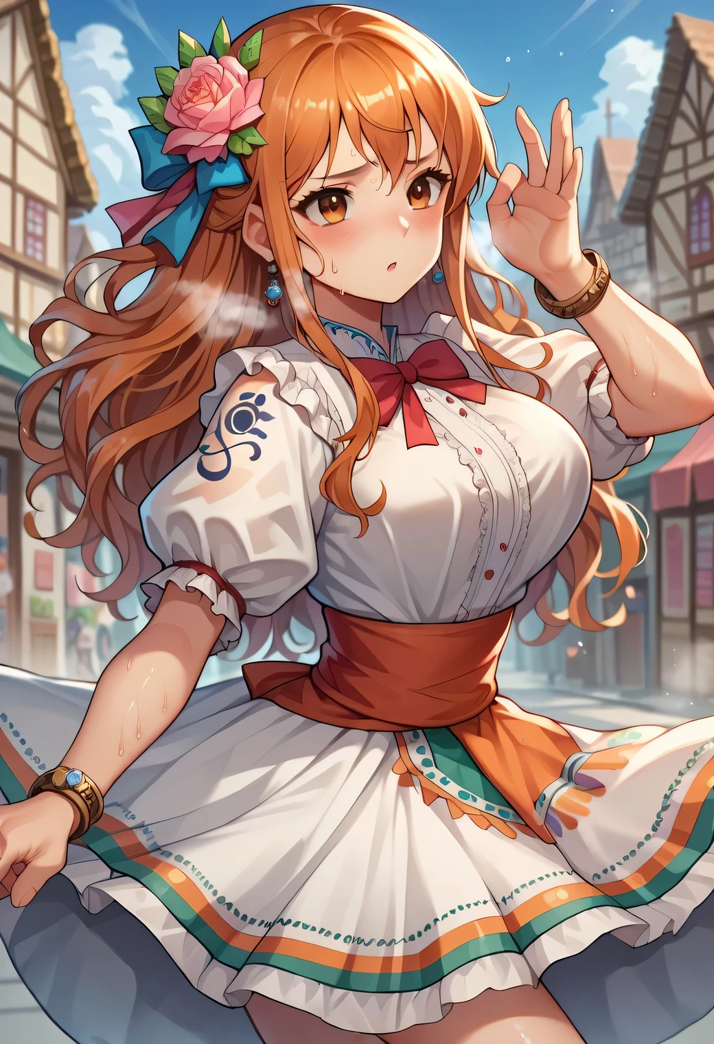 core_9, score_8_up, score_7_up, score_6_up, score_5_up, score_4_up, BREAK source_anime, (blush,steam,sweat:1.3),nami_post, orange hair, long hair, wavy hair, side locks, brown eyes, large breasts, shoulder tattoo, groin, bracelet, bangle, MexClothes ,hair ornament, flower, white dress, frills, traditional clothes, ribbon, puffy sleeves, multicolored clothes, colorful clothes, town, village, cute pose, shiny legs, clear skin, shiny skin