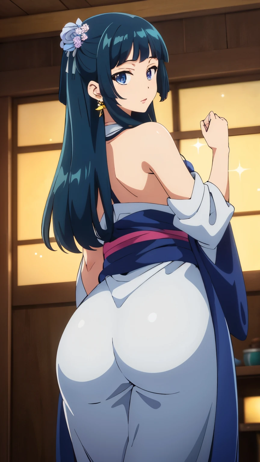Top quality (8k, high resolution, masterpiece: 1.2), ((Goddess of beauty)), super detailed, anime art style, detailed clothing, YUKATA, dynamic angle, photo from behind, style, (BEAUTIFUL yukata), Perfect ass, detailed white hair, detailed blue eyes, intricate hairstyle, long hair , slim body, sparkling eyes, youthful, hair accessories, earrings, detailed lighting, bright colors, looking at the viewer, in the center of the image, cowboy shot, ((FOCUS ON ASS))
