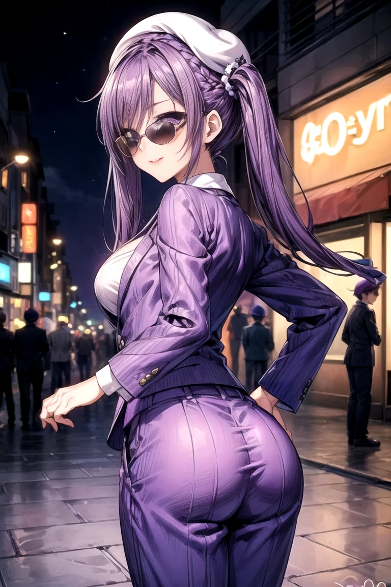 (best quality, 8k, high definition, ultra detailed, photorealistic:1.37), anime style, masterpiece, unity wallpaper, bikini violet, violet eyes, short hair, perfect anatomy, detailed faces, black jacket, short skirt, view of a palace at night.