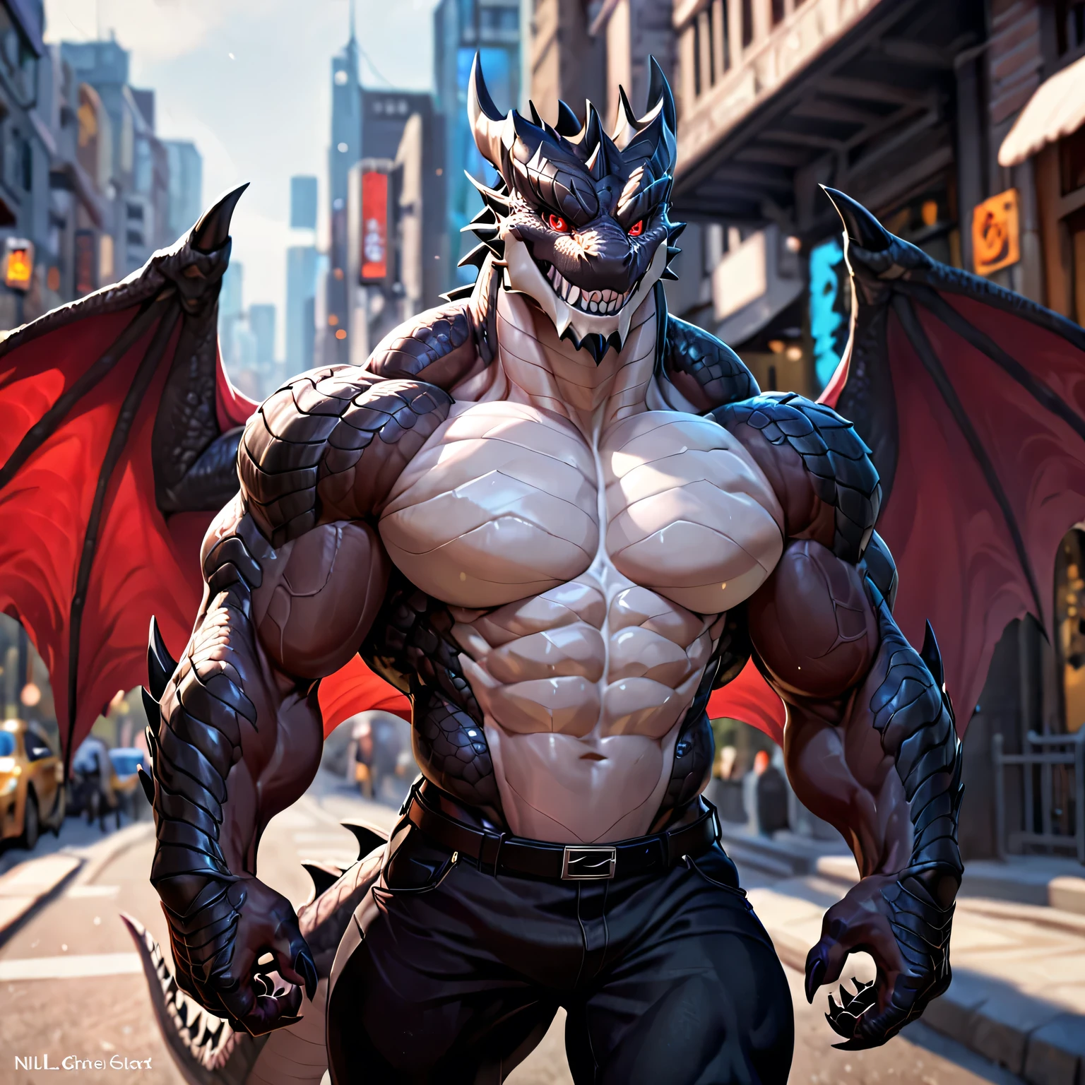 (black dragon),black fur, two colors, There are scars on the face, Wearing sunglasses on head,The necklace hangs around the neck,(muscle发达的身体:1.3), There are scars on the face, fiercely,Handsome, OK,(There are scars on the face), (In the park),(Express),(Blue sky and white clouds),(There are scars on the face:1.2),look at screen,(dragon horn),(Dragon tail),perfect masterpiece,(16K),casual wear装,casual wear,alone,((Strong)),(crossed arms),(dick:1.2),Perfect proportion,front,fiercely表情,Smile(Put your hands on your chest),(nail:1.3),(Open your mouth slightly and breathe.:1.2),(whole body:1.5),Strong,muscle,There are dragon wings,bi-winged,more details,CG