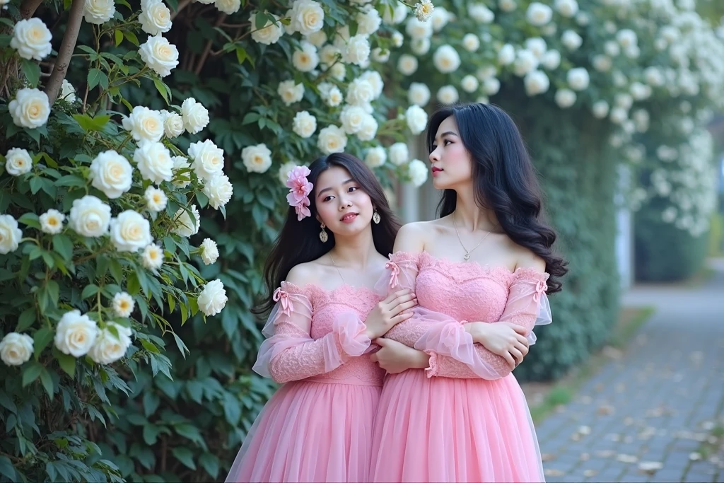 very beautiful Indonesian mother and daughter brown hair in soft pink dresses, pastel colors on the bridge, in a fresh green realistic forest, wearing soft pink dresses, pastel colors, tassels and ribbon ruffles, fantasy dresses, wearing soft pink dresses, pastel colors , soft party dress, pastel colors, soft pink romantic tutu, pastel colors, magic dress, soft pink dress, pastel colors, in a long dress in soft pink pastel colors or purple, wearing a beautiful dress, soft pink tutu in pastel colors, wearing a romantic tutu soft pastel pink