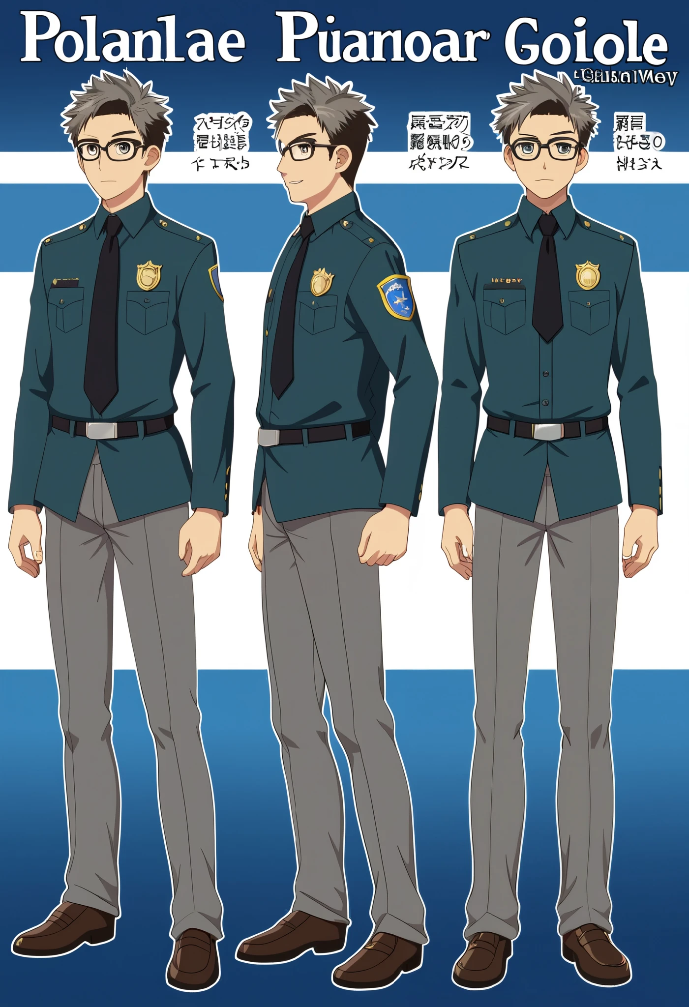 highres, top quality, best quality, paid reward available, High-quality illustrations, unparalleled masterpiece, perfect artwork, absurdres, perfect anatomy, standing kemono boy, three view drawing, front and side and back, character sheet, character design police man!!, anime character, glasses, facial expressions, Detailed description of character, text, Transform wolf, Collection of setting materials,