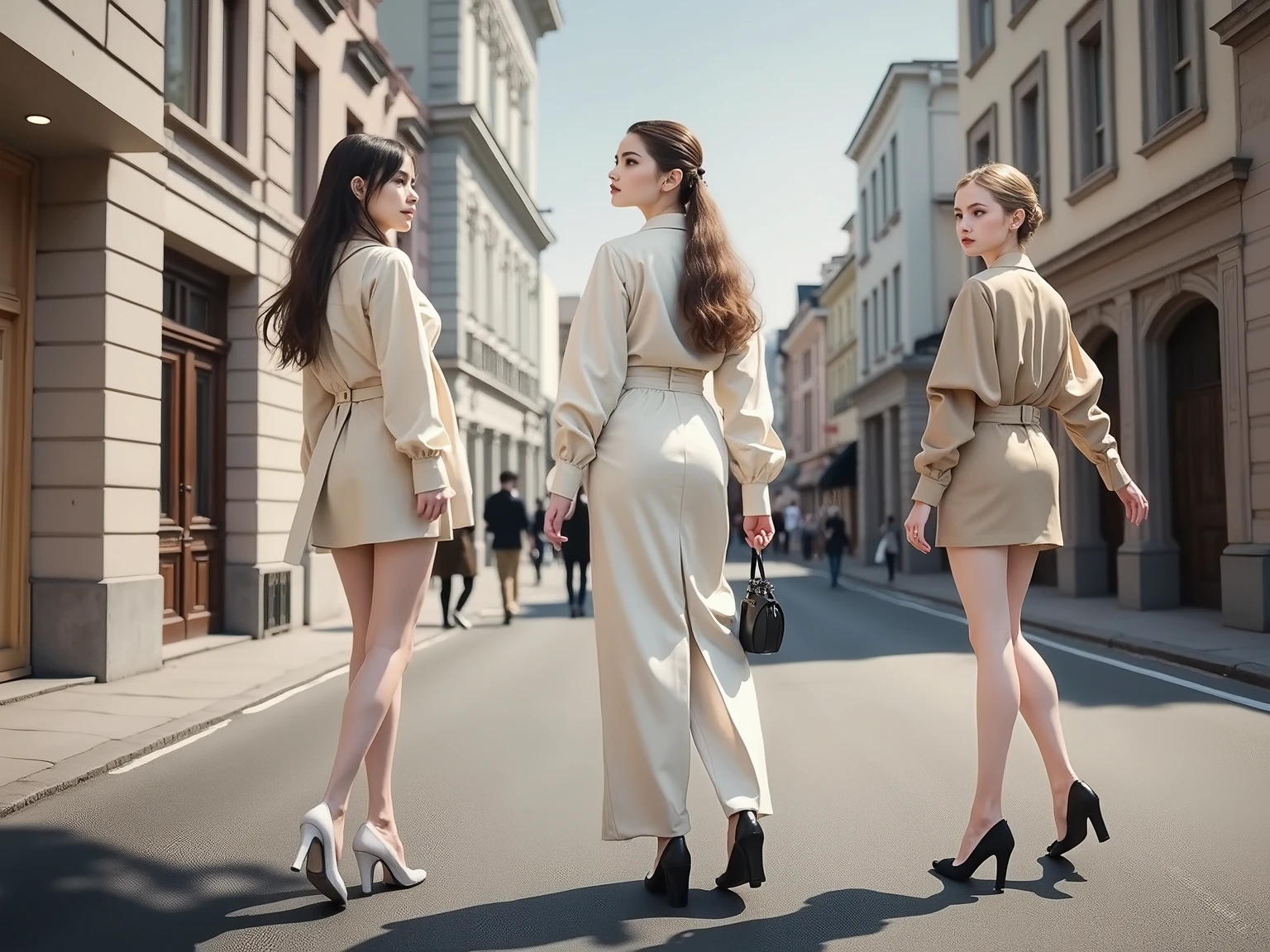 3 girls each in a different outfit 、 glamour、 rear view, beige、Outfit、 tall 、 beautiful legs with tails、(masterpiece, top quality :1.2), High Definition 、Street Background
