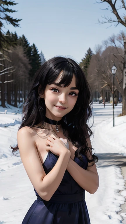 Miyumrkw, red eyes, long black hair, choker, tentacles wrapping around arms and legs, white gown, looking at viewer, smiling, close up portrait, outside, park, trees, winter, snow, blue sky, high quality, masterpiece,