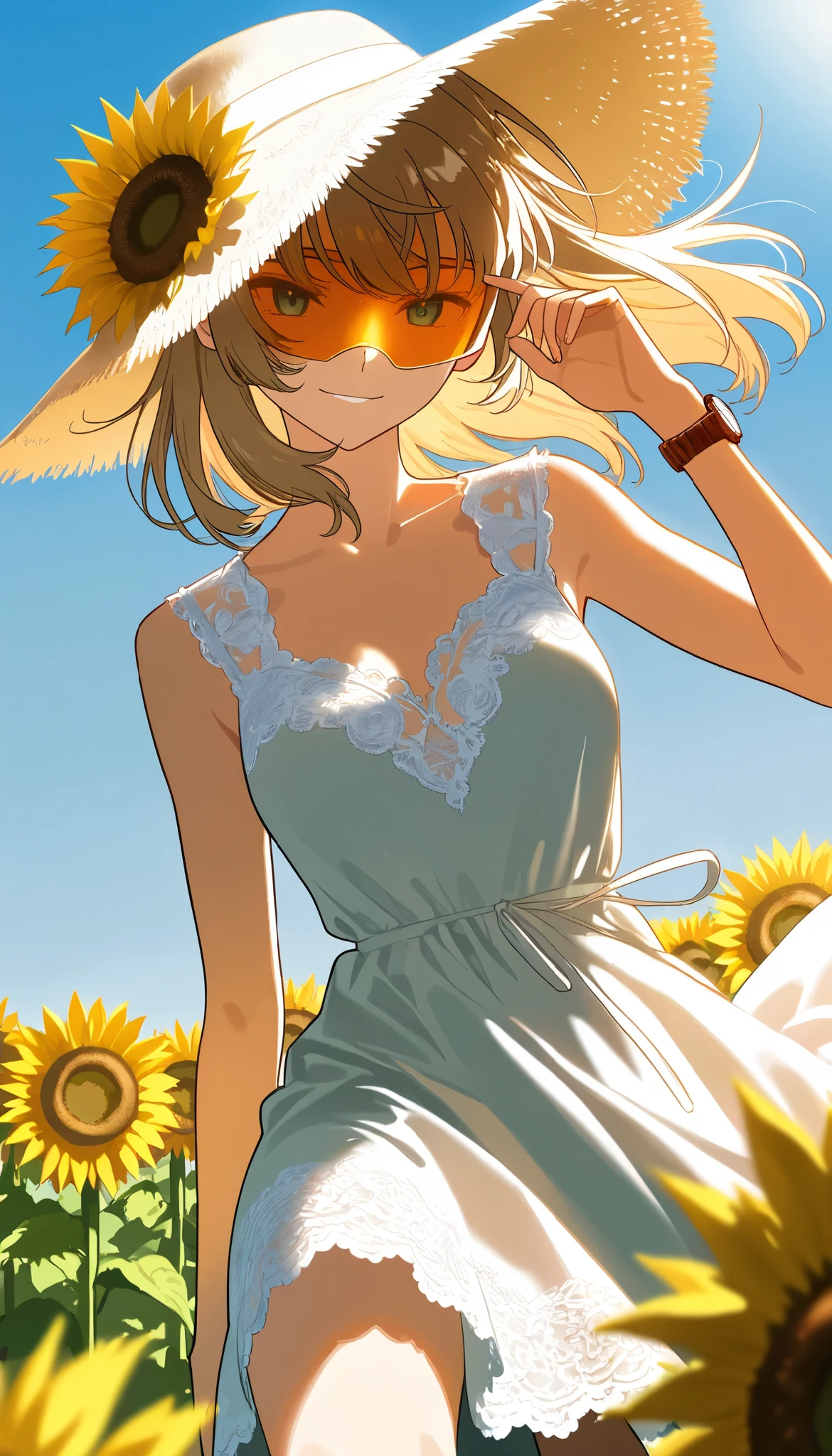 fuwa aika, 1 girl in the best,Alone, (White lace dress:1.2), Relaxed Dress (sun visor hat:1.2), Sunflower field, in the sun , A faint smile, watch viewers, wind, dynamic, Strong light and shadow,dynamic pose,