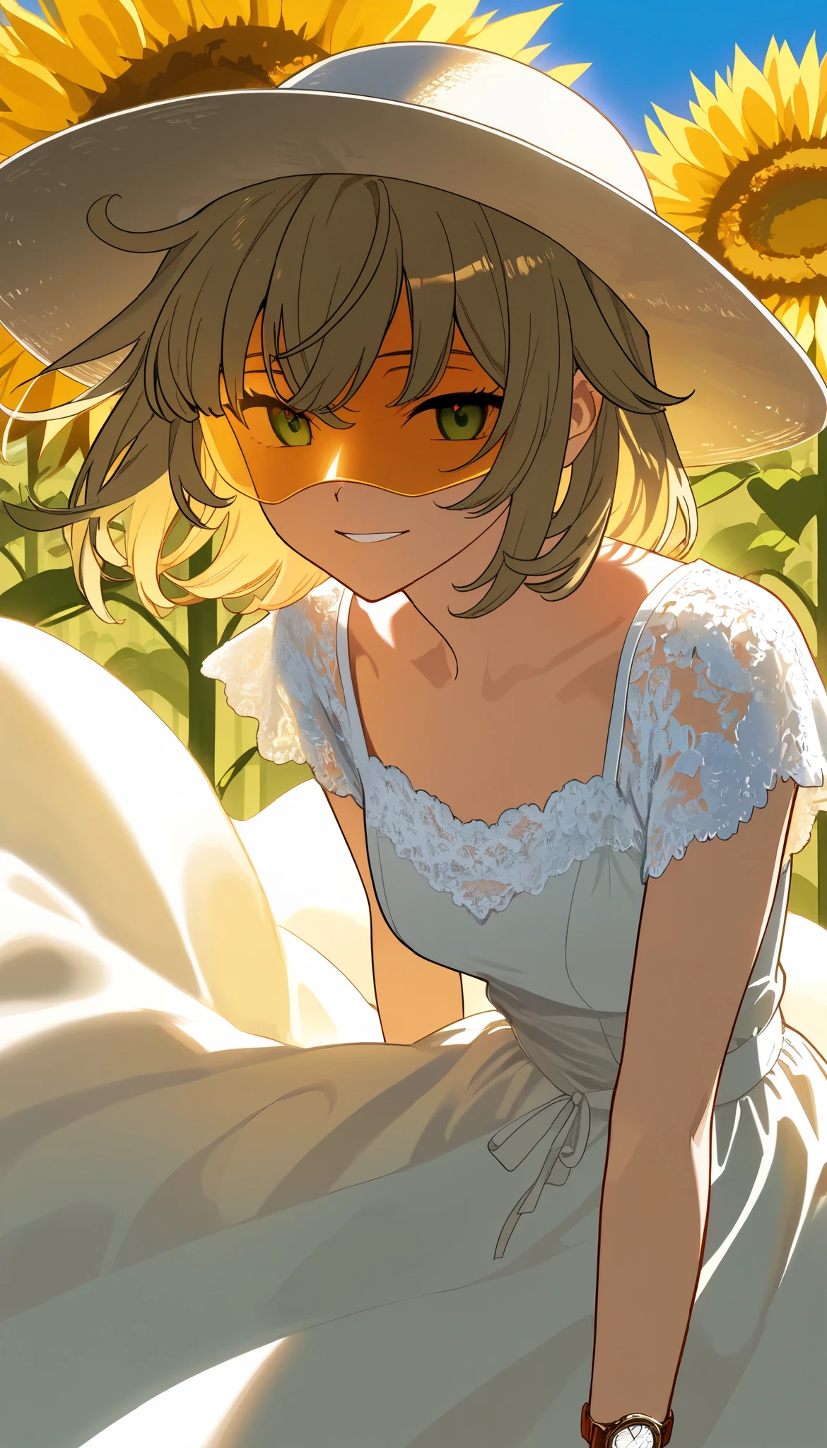 fuwa aika, 1 girl in the best,Alone, (White lace dress:1.2), Relaxed Dress (sun visor hat:1.2), Sunflower field, in the sun , A faint smile, watch viewers, wind, dynamic, Strong light and shadow,dynamic pose,
