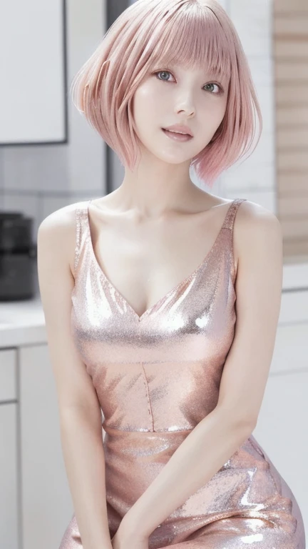 ((masterpiece、best quality))、short hair, ((pink waveing hair color)),((White background)),((camisole)), shape、super detailed、8k、actual、sharp focus、Very detailed、professional lighting、spotlight、Colorful details、Detailed texture，A stunningly beautiful girl，Wearing a transparent cheongsam，(most suitable hairstyle:1.4)、(in the most helpful way:1.3)、(Half-length photo:1.4)、big breasts、、18 years old、Smile、