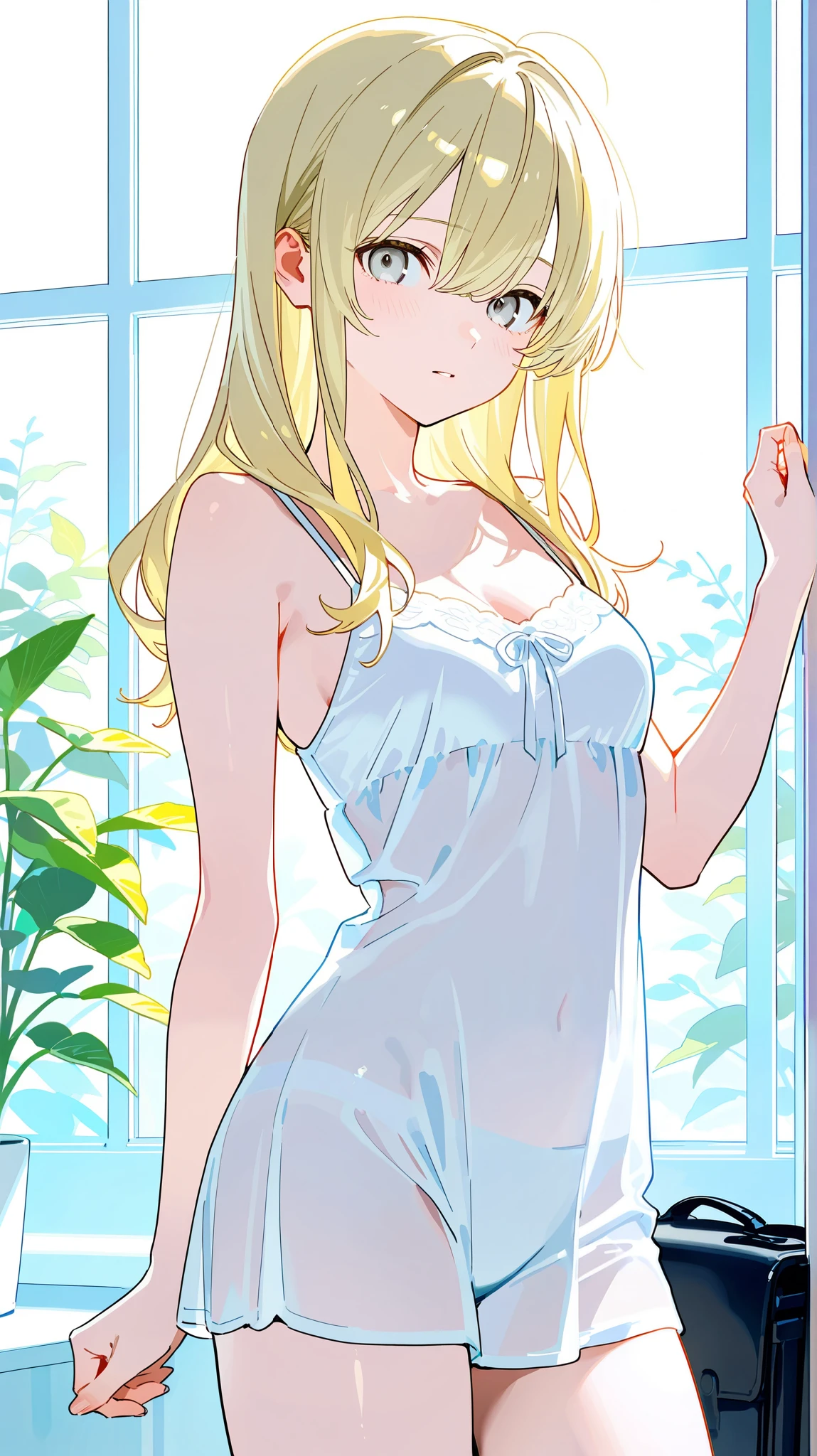 Low Leg、Low rise、 scary expression、((( is present images)))、 translucent white skin during prison break 、 white camisole 、(( girl ' s I can see my upper body ))、 clean skin 、 for a more is present look 、thin, soft and smooth hair 、Highlight wrinkles in clothing、 best quality 、 high resolution、 very detailed8k、 (、 very detailed、 very detailed、極めて is present、 ultra- is present 、 is present)、 一人の girl 、One thumb、View 4 books、 my underwear is very soft 、Feels good ...、Stagnation、Beautiful girl with slim body、 waist length platinum blonde hair 、 gray eyes、 My Room、 chic black and white room 、Plant leaves