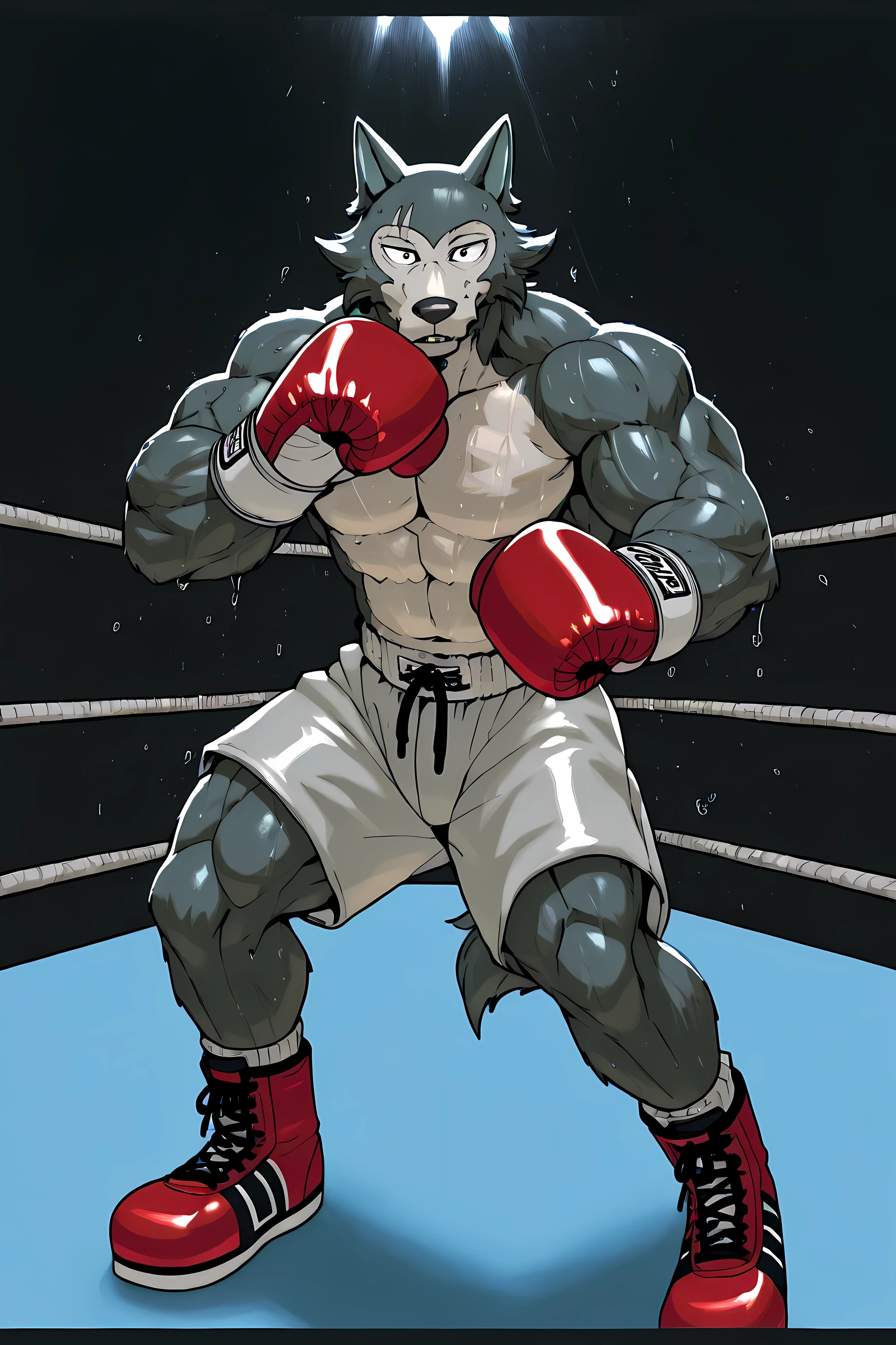 l3gosh1, beastars, male, solo, wolf, muscular, athletic, masculine, (small eyes), flat color, boxing_gloves, sweaty body, veiny arms, bulging muscles, boxing_stance, boxing, dynamic_pose, posing, boxing_shoes, boxing_shorts, full body, glistening body, boxing_pov, boxing ring, 