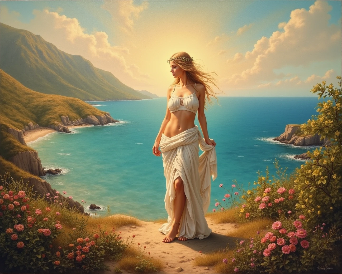 Masterpiece, (realistic photo:1.9), (style by David LaChapelle:1.5), 8K, mythological scene. Photorealistic painting with three groups of characters against a maritime background.
On the left:
- A couple embraced in the air: Zephyr, the god of winds, and his wife.
- Zephyr's puffed cheeks indicate he is blowing towards the center.
In the center:
- Venus, the goddess of beauty (Aphrodite for the Greeks), perched on an open conch shell.
- Venus is nude, symbolizing purity and innocence, with her curves evoking sensuality.
- She attempts to cover her chest with a delicate hand gesture, and her long blonde hair serves as a modest cover.
- Her slight hip shift, reminiscent of ancient statues, suggests movement.
- Her gaze is lost in melancholic grace.
- Roses, born with Venus, fall from the sky.
On the right:
- Flore, the goddess of spring (one of the "Horae"), stands on the shore.
- Flore extends a purple cloth adorned with flowers to welcome Venus, symbolizing fertility.
- Cornflowers on her robe represent the season of love.
Background:
- A rugged coastline with waves crashing towards the bottom of the scene.