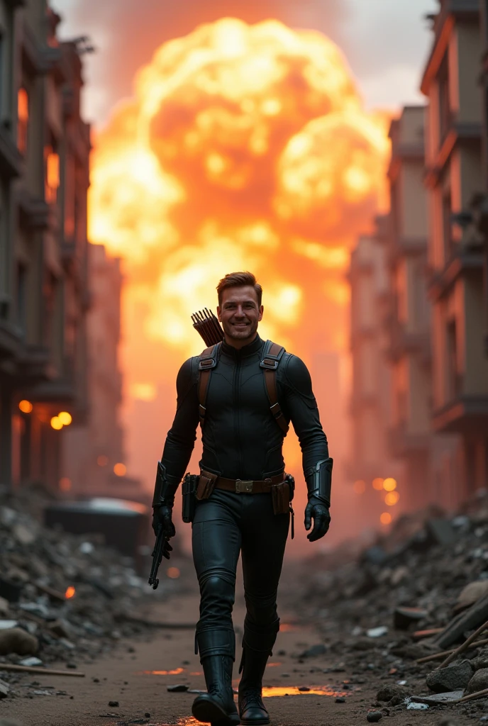 analog, raw, amateur photograph, majestic intricately detailed glamor photograph, close up upper body portrait, deadpool standing in front of an exploding stately home, intricately detailed filthy ripped red deadpool outfit, massive explosion, rubble, burning manor in the background,, dynamic angle, professional, soft lighting, smooth, roughness, real life, cinematic film still from the avengers|justice league|man of steel