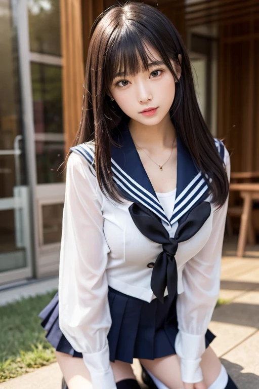 (best quality, masterpiece:1.2), ultra detailed, (photo realistic:1.4), High resolution 16k,Use natural light and color,solo, 1girl, (12-year-old),cute girl, shiny skin,sexy,((see-through sailor uniform)),very short pleated miniskirt,vulgarity, sexual ecstasy, orgasm face,open mouth, ((saliva trail)), (blush), ((Sweat)),