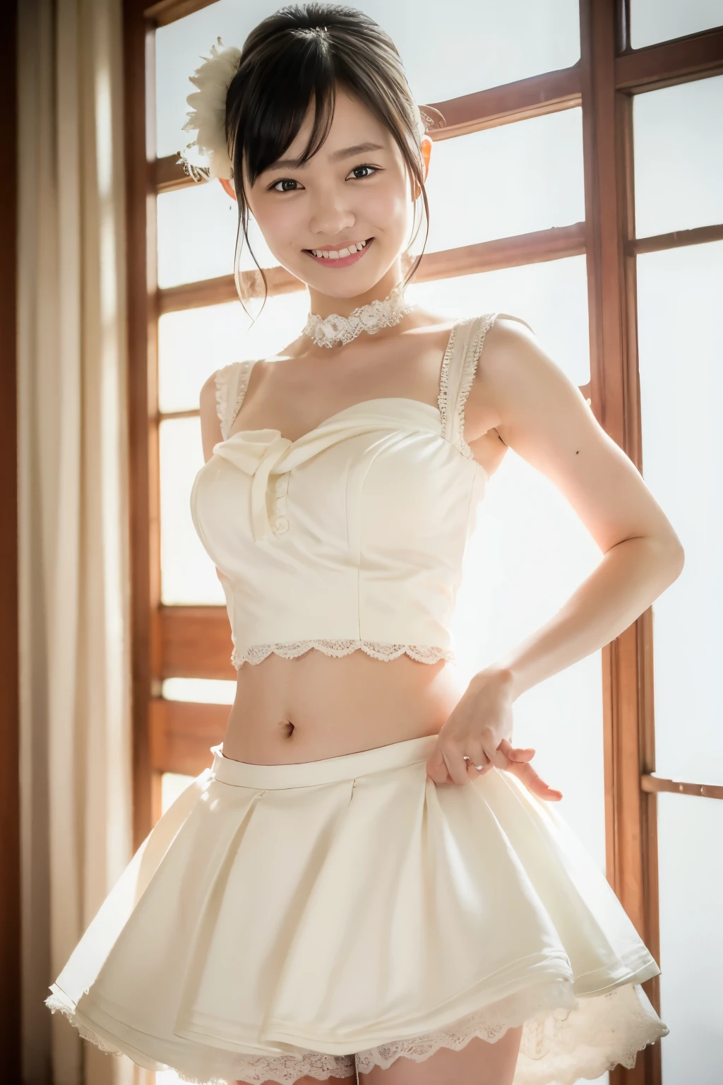 ( Wedding Dress)、( Best Quality , Mastepice:1.2),8K, super high resolution, more details, Best Quality , Looking at Viewer, perfect lighting ,Flat Light, ultra high quality, super high resolution, Mastepice, photorealistic, detailed face, saki ogawa , ponytail, smiling face ,belly button, thighs、 choker、 garter belt