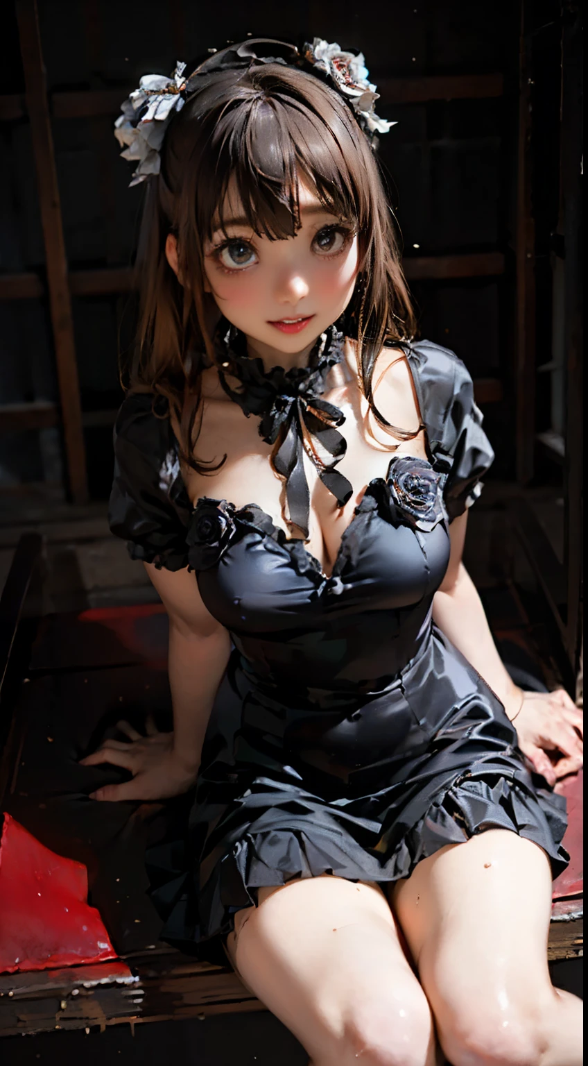 (8K, Photorealistic, Raw photo, of the highest quality: 1.3), (1girl in), Super beautiful, (Realistic face), (boyish, Silver Color Berry Shorthair), Beautiful , Glare that captivates the viewer, Beautiful expression, Beautiful breasts, (Realistic skin), Be...Super high quality, super high definition, super detailed, masterpiece, 20years old, female, cute, perfect face, beautiful, nice body, gothic ta clothes, gothic loliashion, frilly skirt, headdress, necklace, bracelet, knee-high socks, boots, double eyelids, tear bags, Detailed down to the fingers, photo-like description, indoors, dim indoor lighting, blonde hair, pony tail, standing, whole body, composition that shows the whole body, smiling