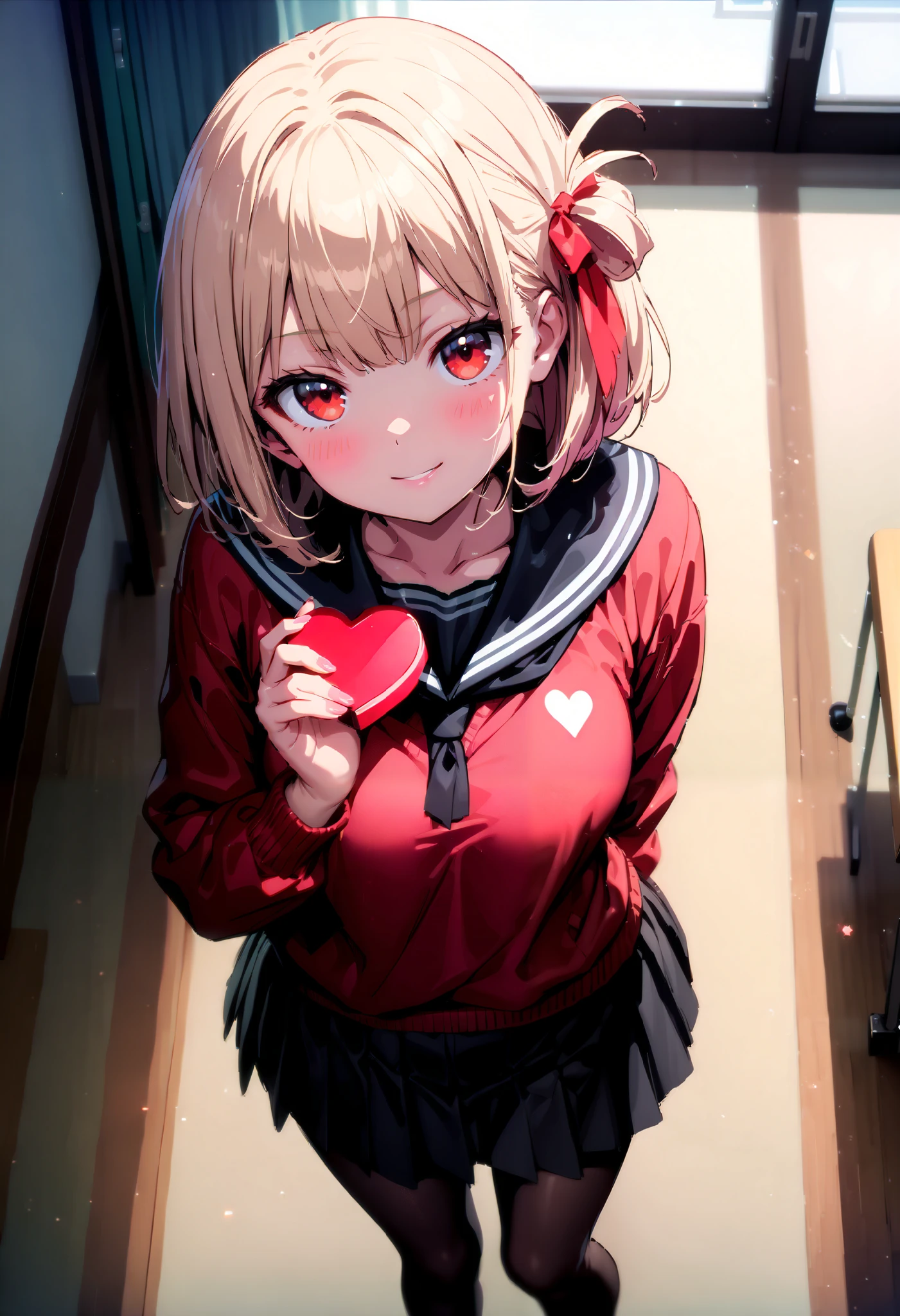 Nishiki Shiho , Nishiki Castle Senri,  short hair, bangs,Blonde,  red eyes,  Hair Ribbon ,  One Side Up,  bob cut,smile,blush, mouths,Black sailor suit, red cardigan , black mini pleated skirt ,rib tights ,  black pantyhose,Brown loafers,Give a heart-shaped gift, holding gift, angle from above,evening,whole bodyがイラストに入るように,
break looking at viewer,whole body,
break indoors, classroom,
break (masterpiece:1.2),  best quality,  high resolution,  unity 8k 壁紙 , (shape:0.8), ( Attention to Beautiful Details:1.6),  very detailed face,  perfect lighting,   Highly Detailed CG, ( perfect hand,  perfect anatomy),