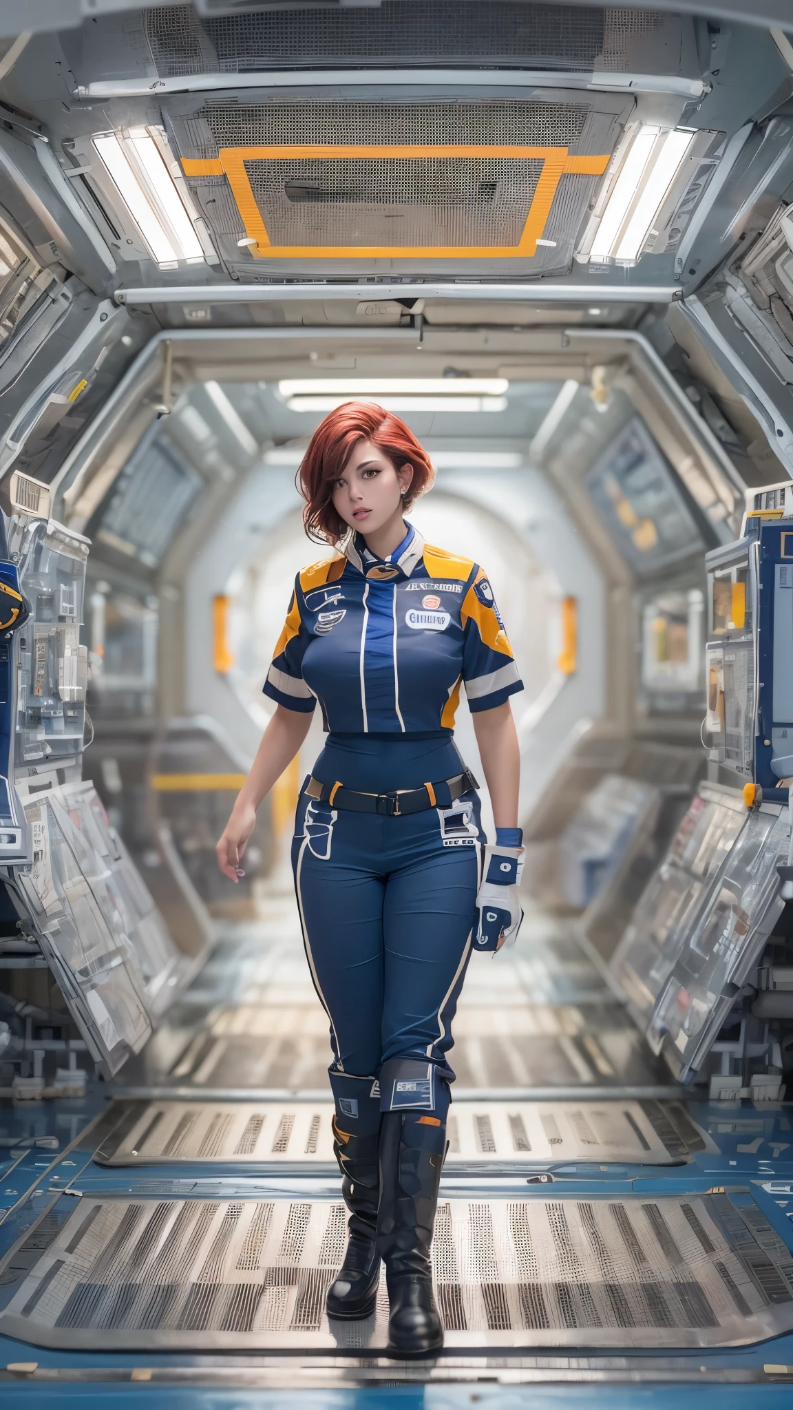 a woman with short red hair wearing (blue allianceuniform) in a space station, cute face, realistic skin, dramatic lighting, ultra realistic, wallpaper, intricate, sharp focus, ray tracing, rtx, professionally color graded, professional photography, masterpiece, ultra detailed, high quality, best quality, 4k, 8k, raw , skindentation, huge breasts, short hair,