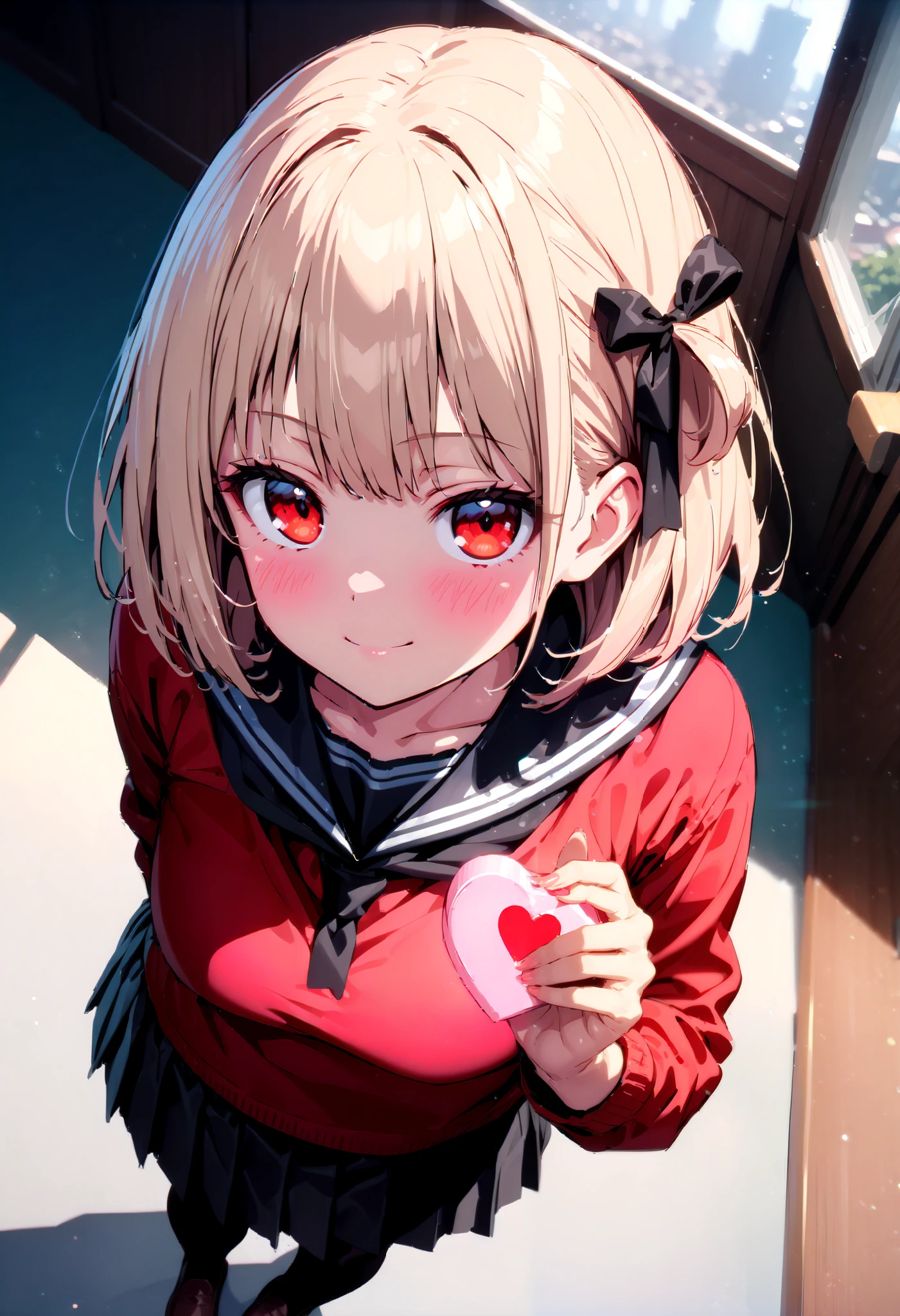 Nishiki Shiho , Nishiki Castle Senri,  short hair , bangs,Blonde,  red eyes,  Hair Ribbon ,  One Side Up,  bob cut,smile,blush, mouths,Black sailor suit, red cardigan , black mini pleated skirt ,rib tights ,  black pantyhose,Brown loafers,Give a heart-shaped gift, holding gift, angle from above,evening,whole bodyがイラストに入るように,
break looking at viewer,whole body,
break indoors, classroom,
break (masterpiece:1.2),  best quality,  high resolution,  unity 8k 壁紙 , (shape:0.8), ( Attention to Beautiful Details:1.6),  very detailed face,  perfect lighting,   Highly Detailed CG, ( perfect hand,  perfect anatomy),
