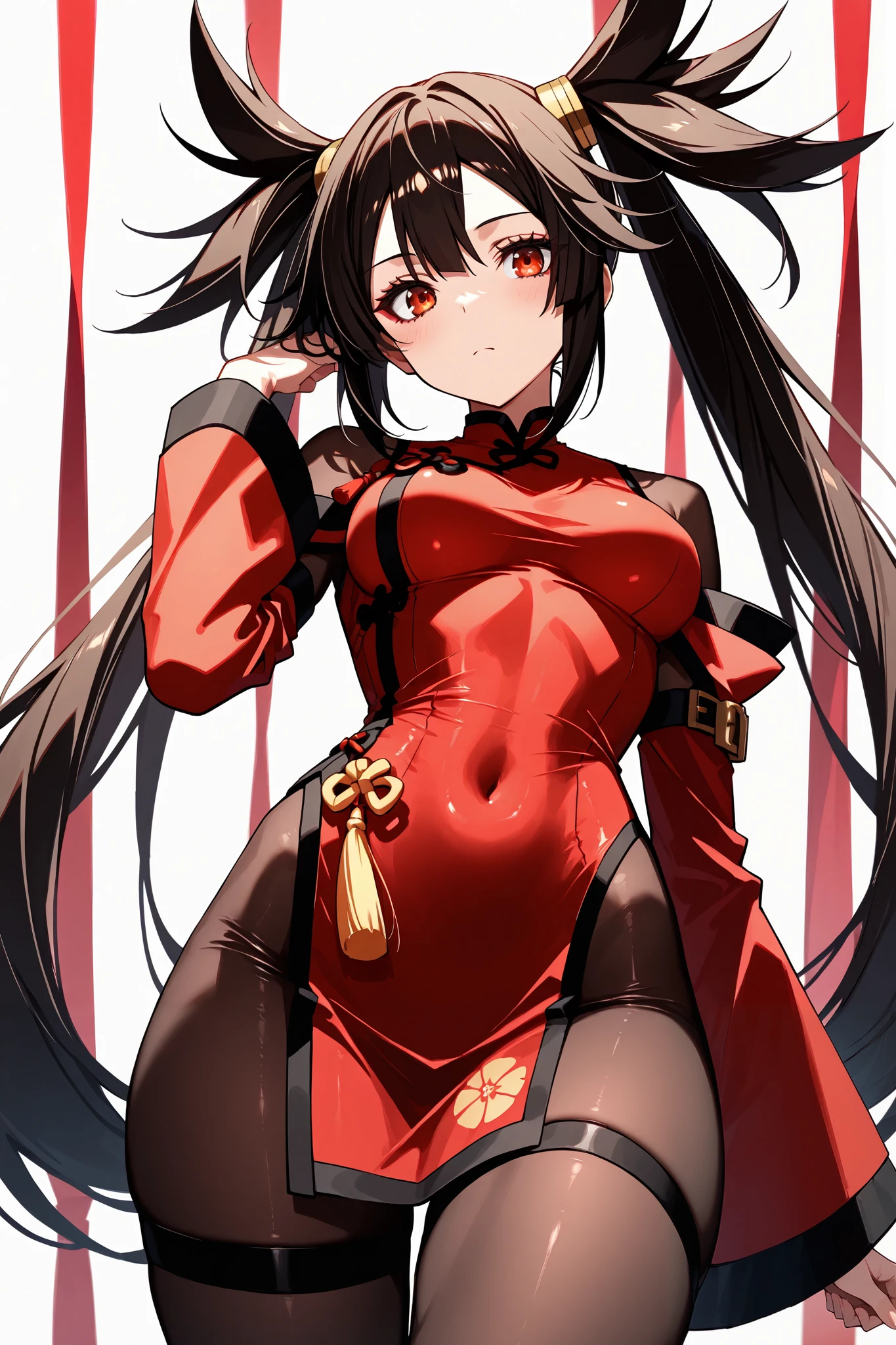 masterpiece, best quality, 8k, high resolution, 1girl, Jam Kuradoberi Guilty Gear, tight-fitting red silk Cheongsam with black trim, ultra-detailed, intricate details 