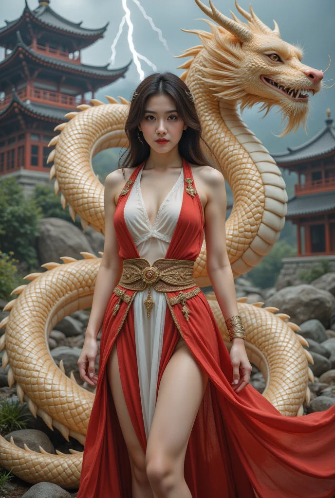 (masutepiece:1.2), ultra-detailliert, 超A high resolution, (Realistic, photographrealistic:1.37), high-definition RAW color photography, professional photograpy, extra detailed face, extremely detailed eye, highlydetailed skin, extremely detailed fingers, highly detailed nose, highly detail mouth, Perfect Anatomy, Highly detailed background, (a famous actress of Japan:1.2), (gals:1.3), (flat chest:1.2), Brown race, Dark skin, The painting depicts a woman standing next to a dragon, The background is an unparalleled vast starry sky, A cloth robe inspired by a dragon with little fabric., Dragon Girl, dragon in the background, Golden Dragon, Armpits,