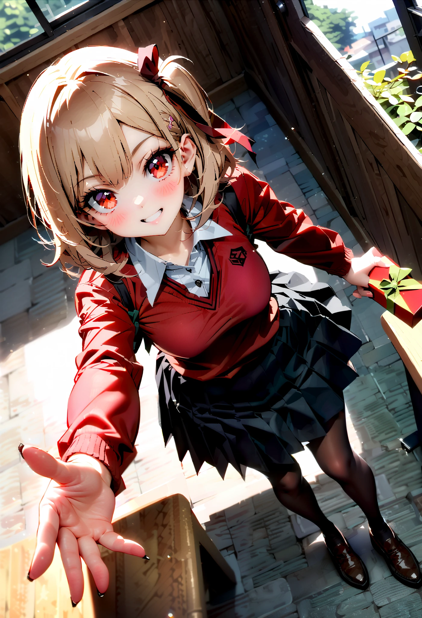 Nishiki Shiho , Nishiki Castle Senri, short hair, bangs,Blonde, red eyes, Hair Ribbon , One Side Up, bob cut,smile,blush, mouths,Black sailor suit, red cardigan , black mini pleated skirt ,rib tights , black pantyhose,Brown loafers,Give a heart-shaped gift, holding gift, angle from above,evening,whole bodyがイラストに入るように,
break looking at viewer,whole body,
break indoors, classroom,
break (masterpiece:1.2), best quality, high resolution, unity 8k 壁紙 , (shape:0.8), ( Attention to Beautiful Details:1.6), very detailed face, perfect lighting, Highly Detailed CG, ( perfect hand, perfect anatomy),