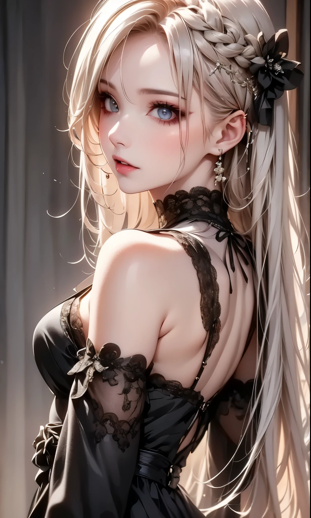 RAWphotograph, photograph, Realistic, 8K vivid photograph of a woman in nature, Super detailed, In detail, Dramatic Light, In detail beautiful eyes, Detailed skin, Depth of written boundary, Grey Eyes, ((black dress)), from side, cool girl face, beautiful eyes, face type, reika