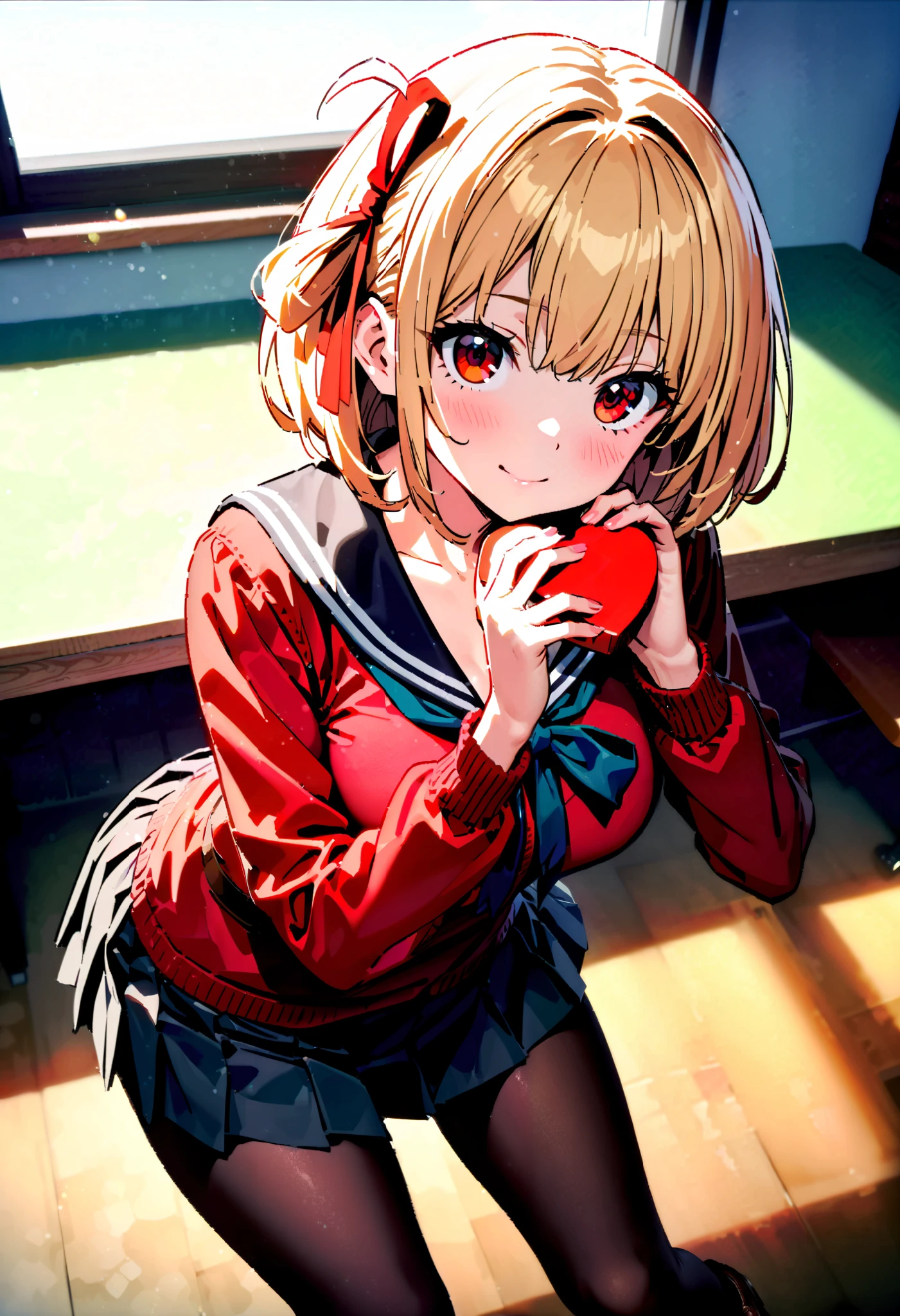 Nishiki Shiho , Nishiki Castle Senri, short hair , bangs,Blonde, red eyes, Hair Ribbon , One Side Up, bob cut,smile,blush, mouths,Black sailor suit, red cardigan , black mini pleated skirt ,rib tights , black pantyhose,Brown loafers,Give a heart-shaped gift, holding gift,evening,whole bodyがイラストに入るように,
break looking at viewer,whole body,
break indoors, classroom,
break (masterpiece:1.2), best quality, high resolution, unity 8k 壁紙 , (shape:0.8), ( Attention to Beautiful Details:1.6), very detailed face, perfect lighting, Highly Detailed CG, ( perfect hand, perfect anatomy),