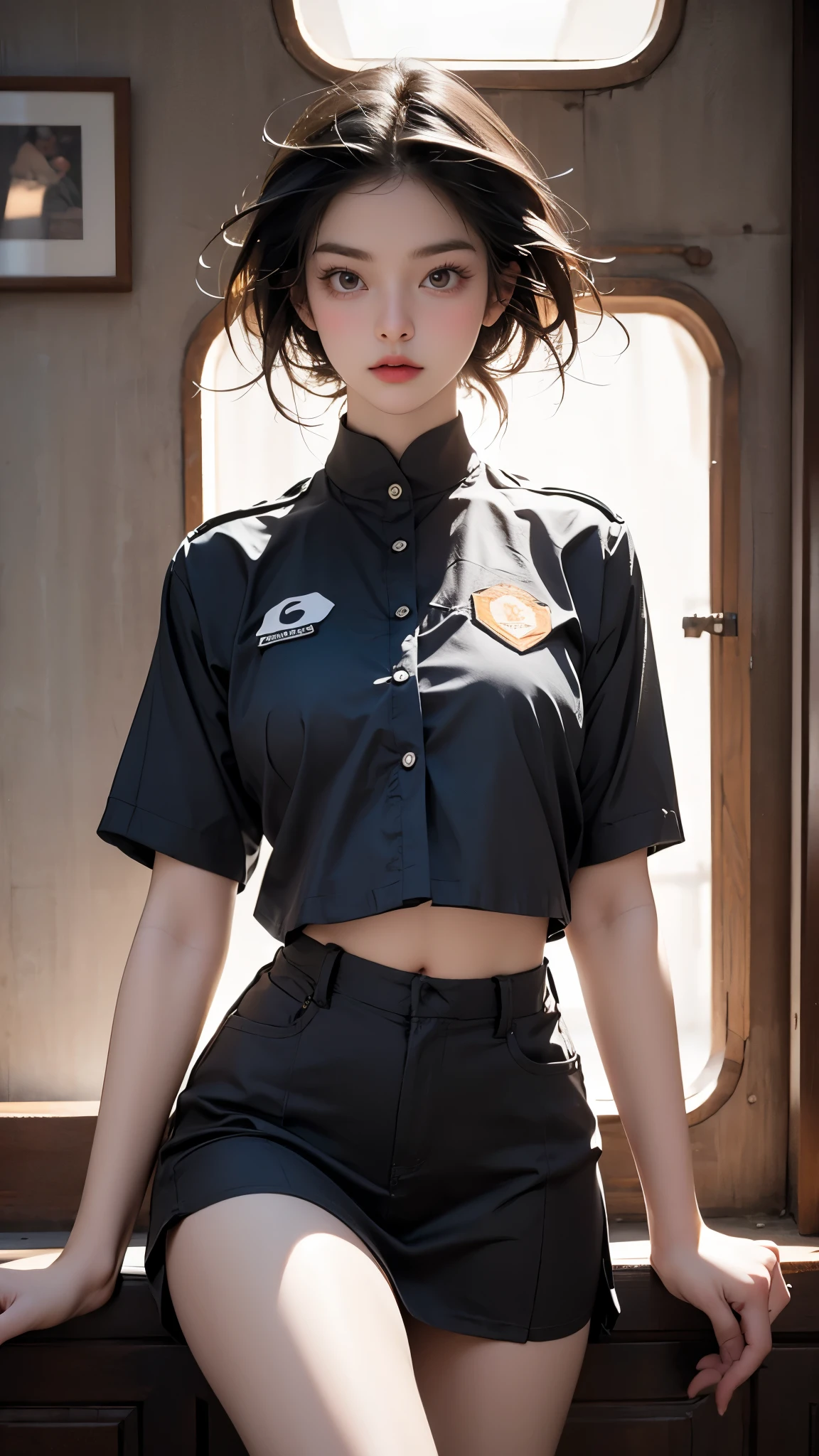 Arafed woman in uniform posing on a train with a window - SeaArt AI